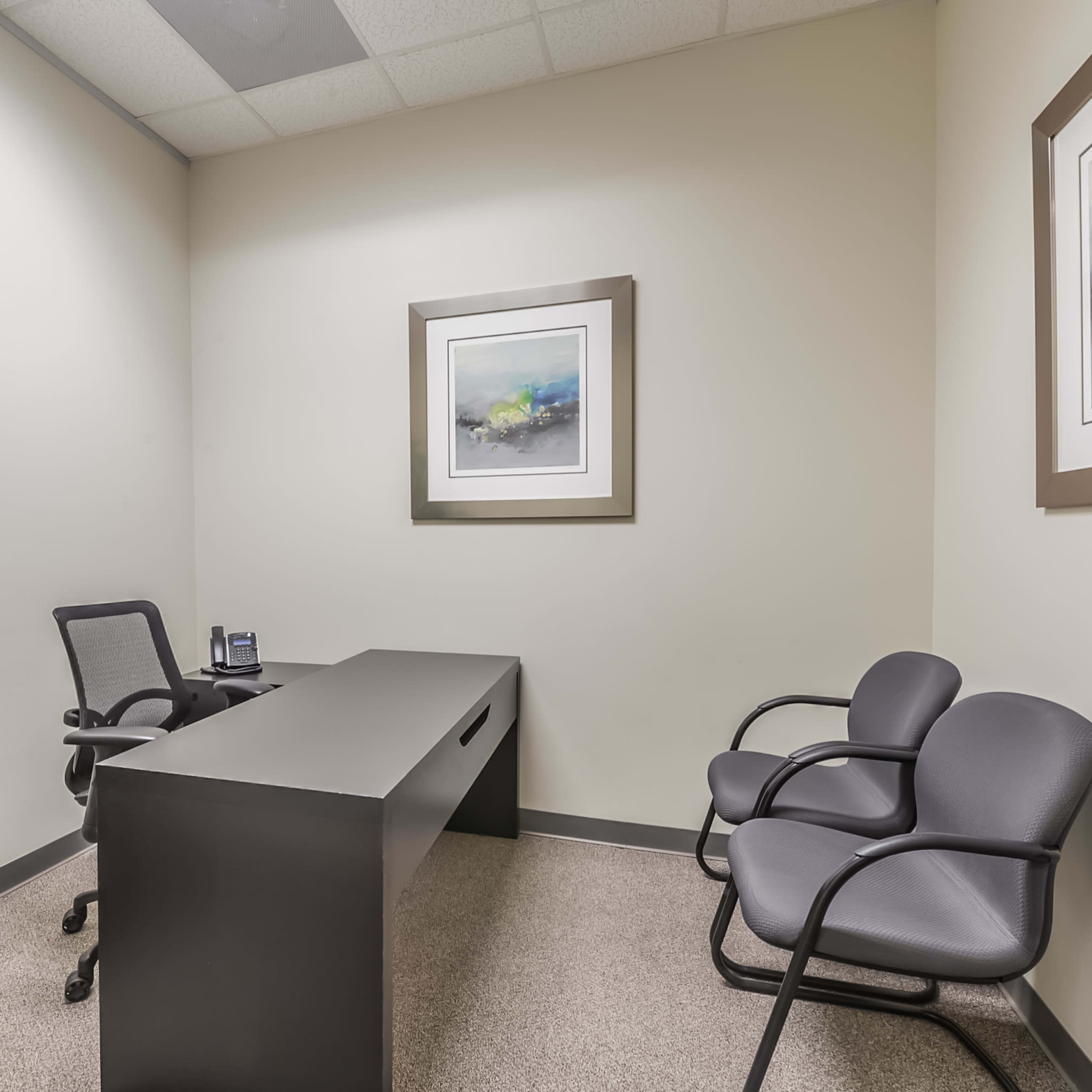 A small office features a black desk, two gray chairs, a potted plant, and framed artwork on the walls.