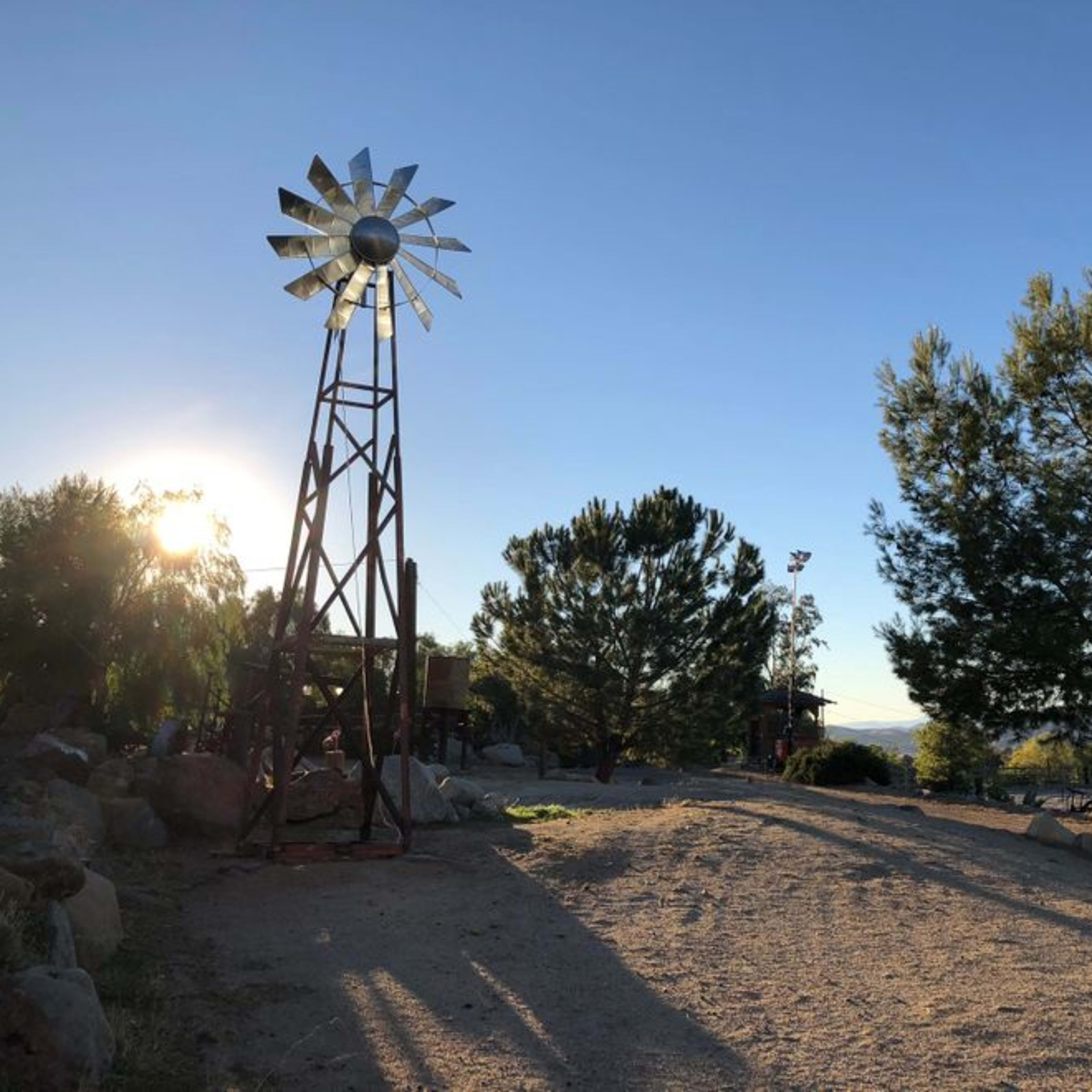 A windmill stands next to a dirt path surrounded by trees in a rural landscape during sunset.