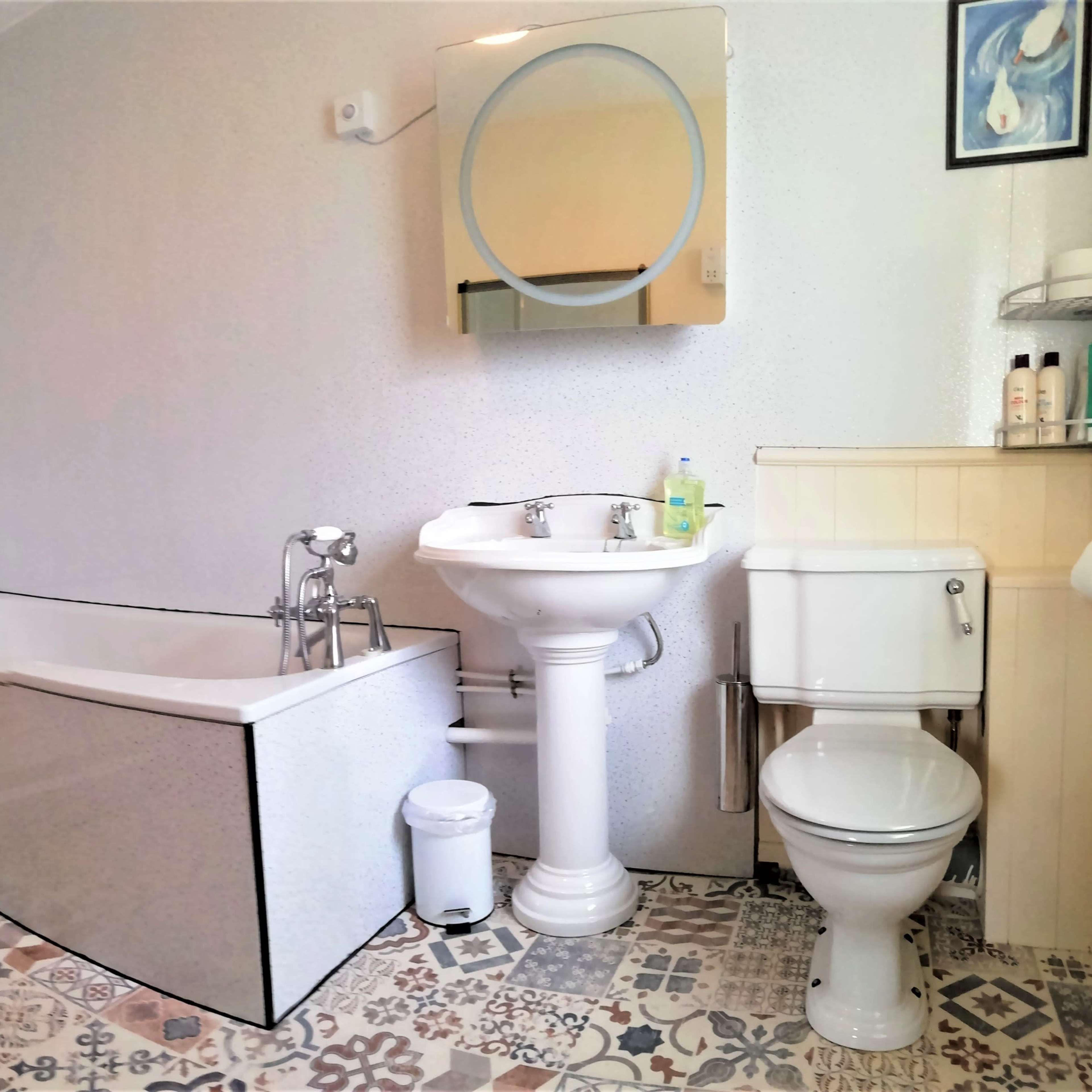 A modern bathroom featuring a shower, bathtub, sink, and toilet, with decorative patterned tiles on the floor.