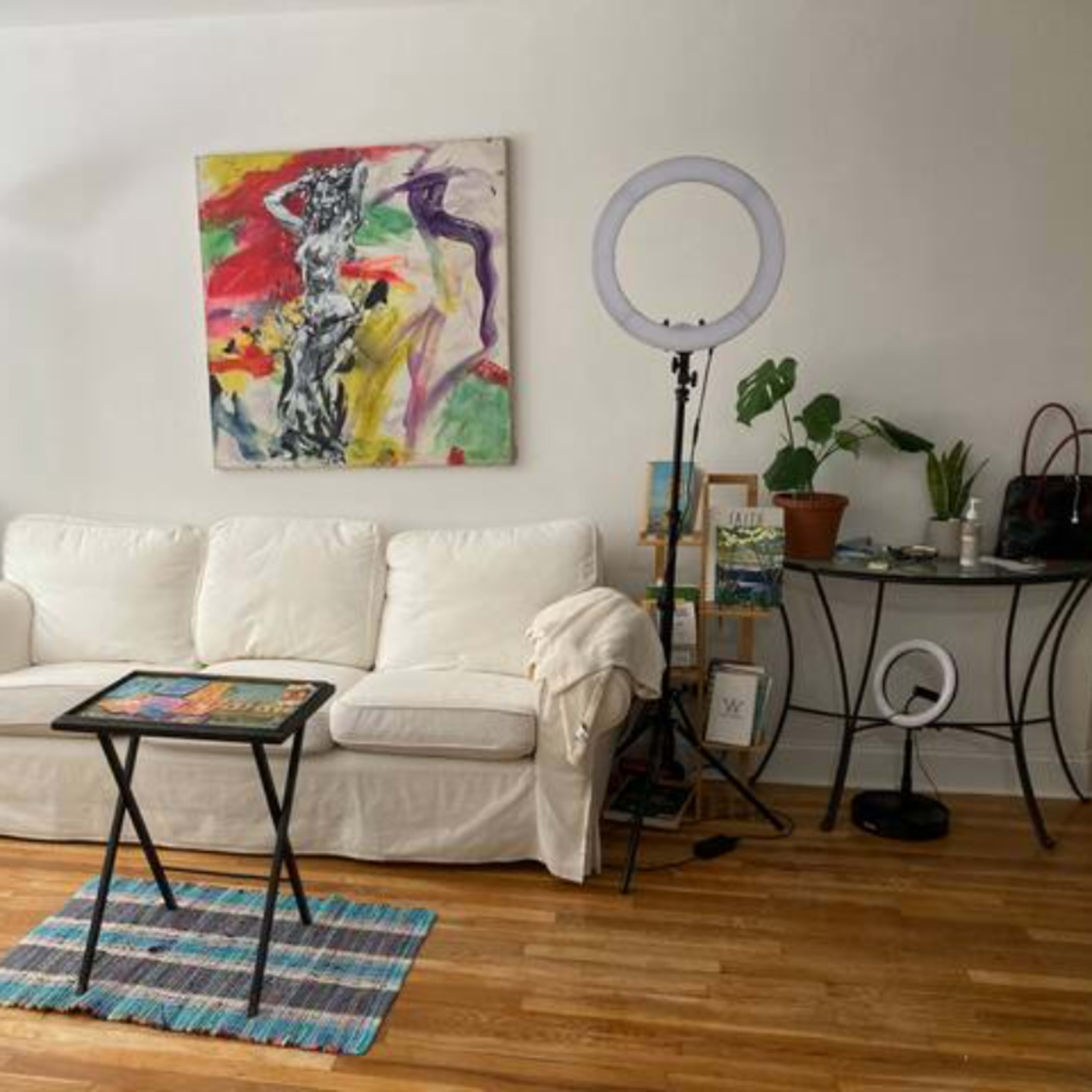 The room features a white sofa with colorful artwork above it, a small black table, a lamp, a computer workstation, and a plant beside a ring light on a stand.