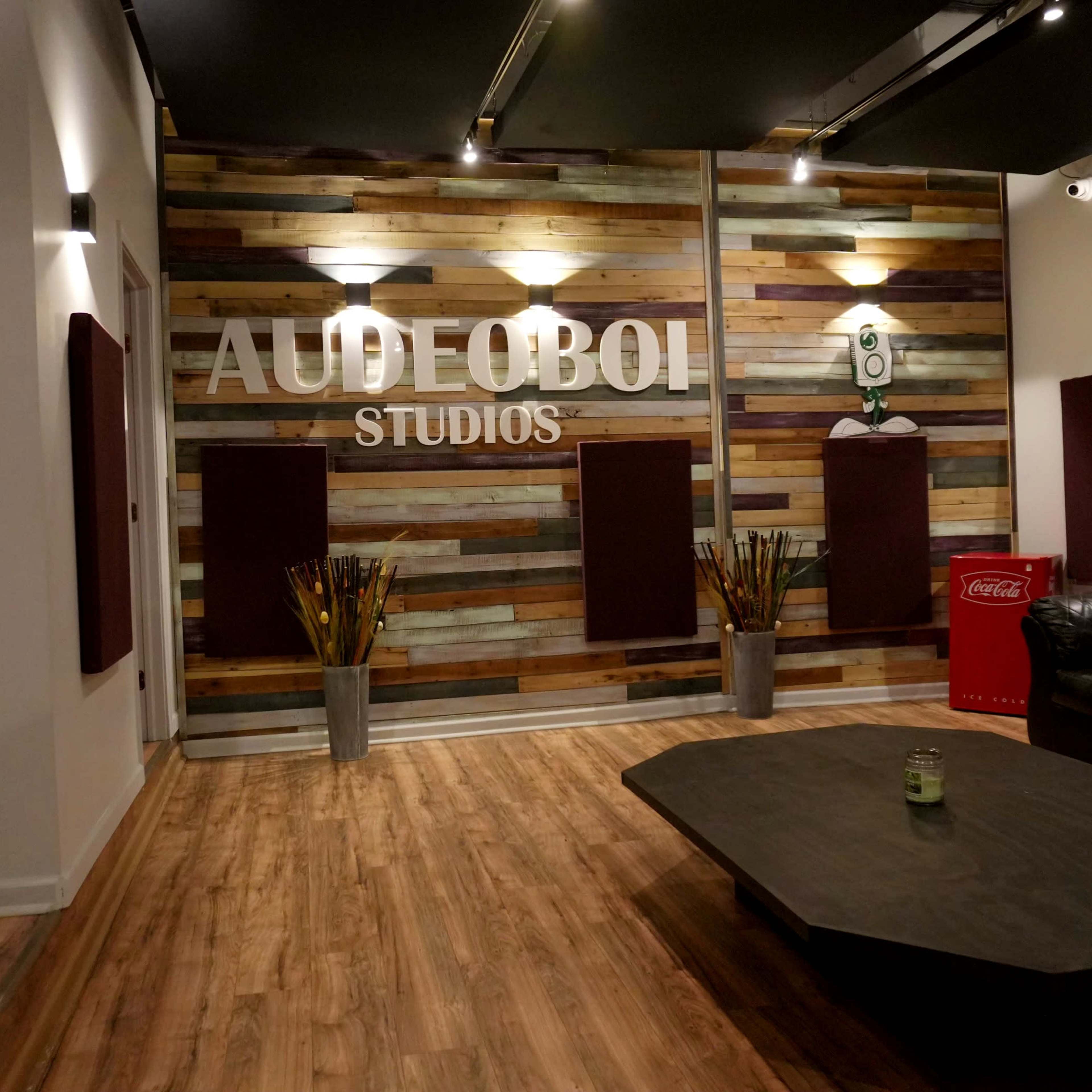A modern studio interior featuring a wooden accent wall with the text "AUDEOBOI STUDIOS," a black leather couch, a low coffee table, and decorative plants.