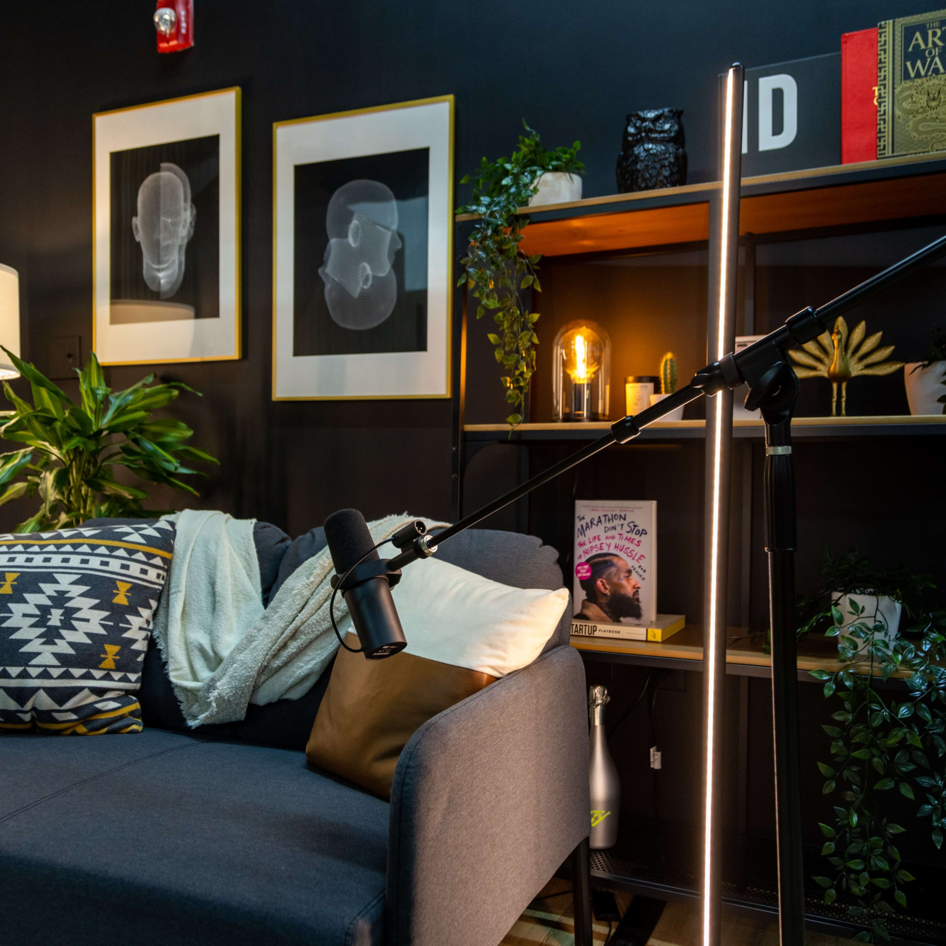 A cozy recording studio setup featuring a gray sofa with throw pillows, two microphones on stands, plants, and shelves displaying books and decor.