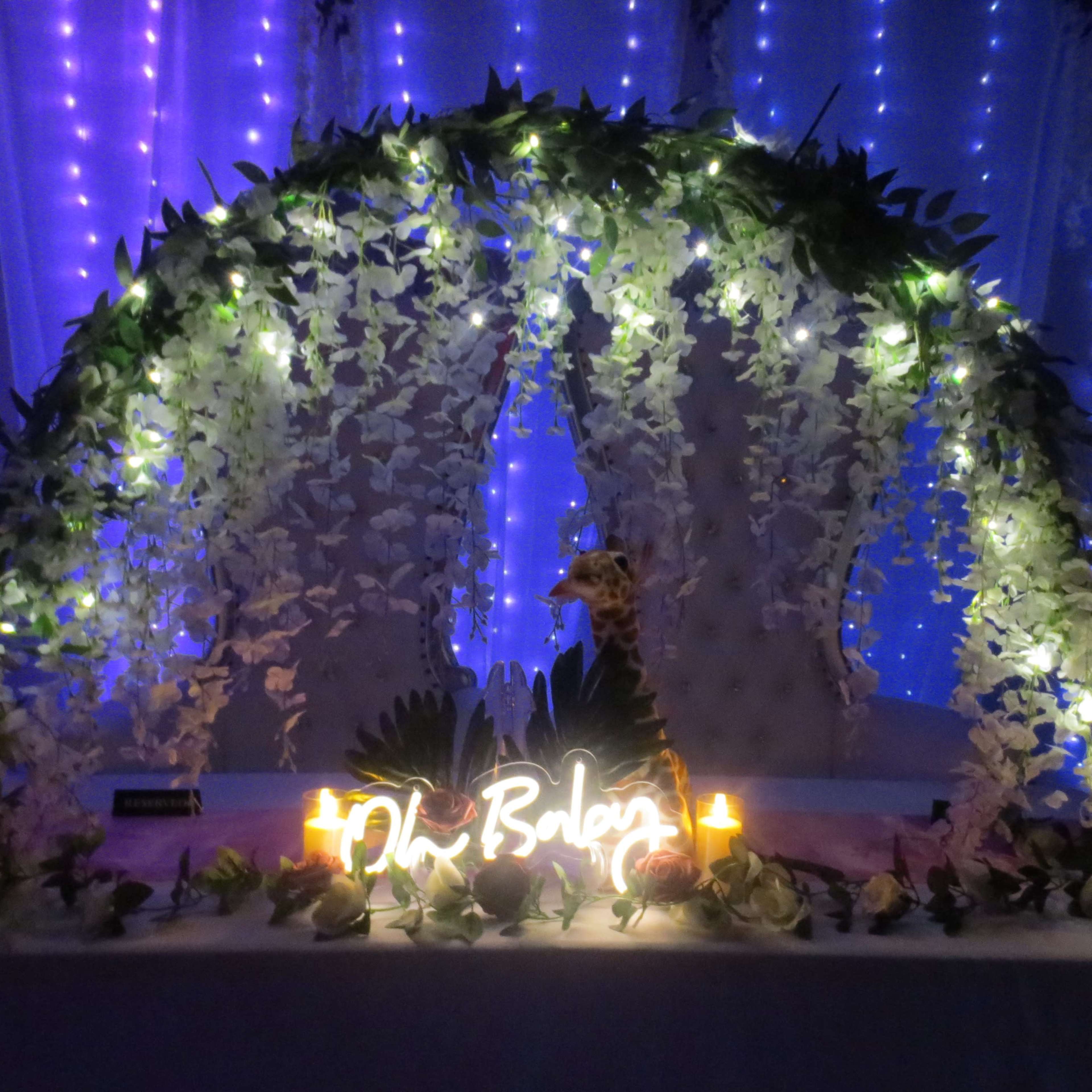 A decorative backdrop featuring a floral arch illuminated by soft lighting is displayed at an event.