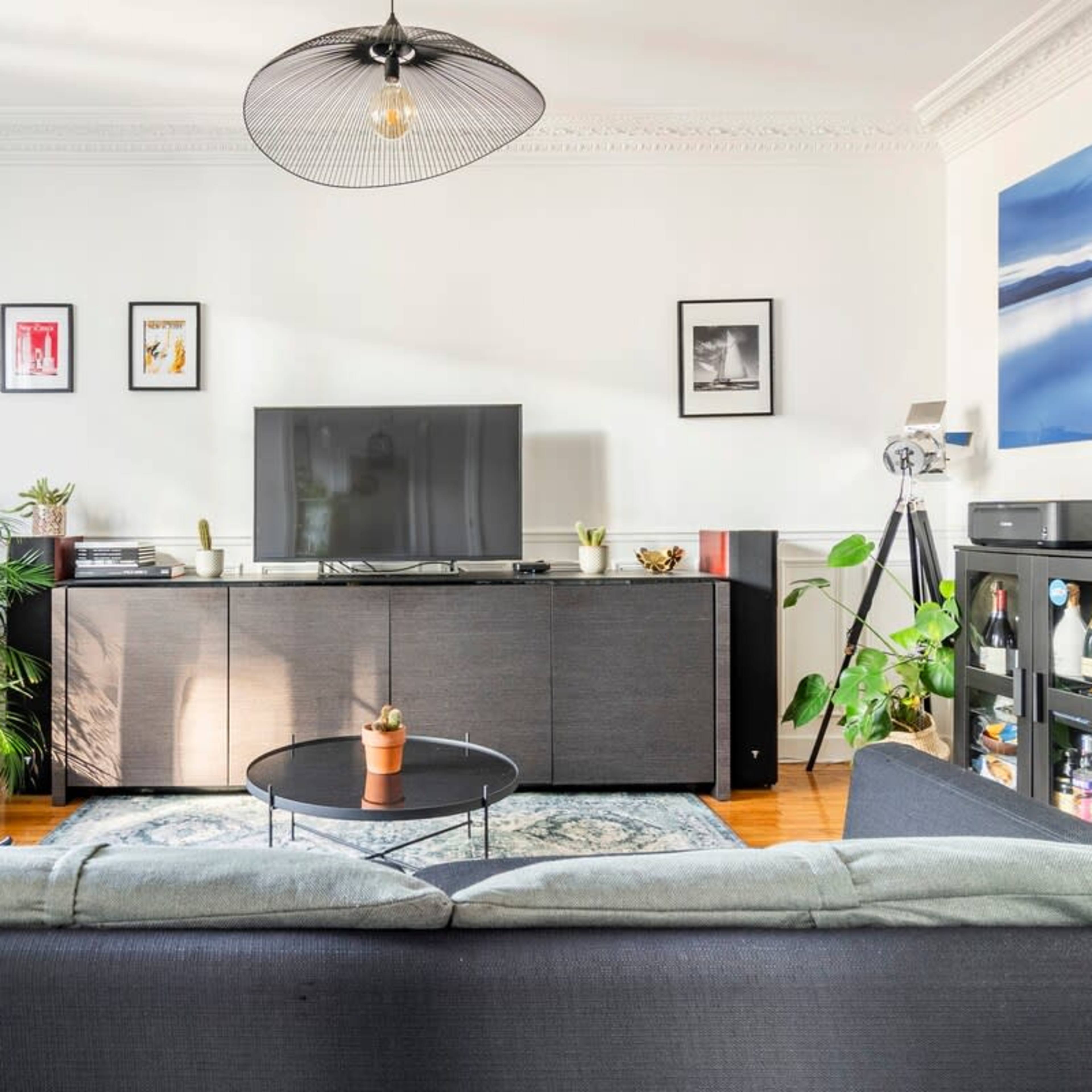 A modern living room with a television on a central cabinet, surrounded by plants and framed artwork on the walls.