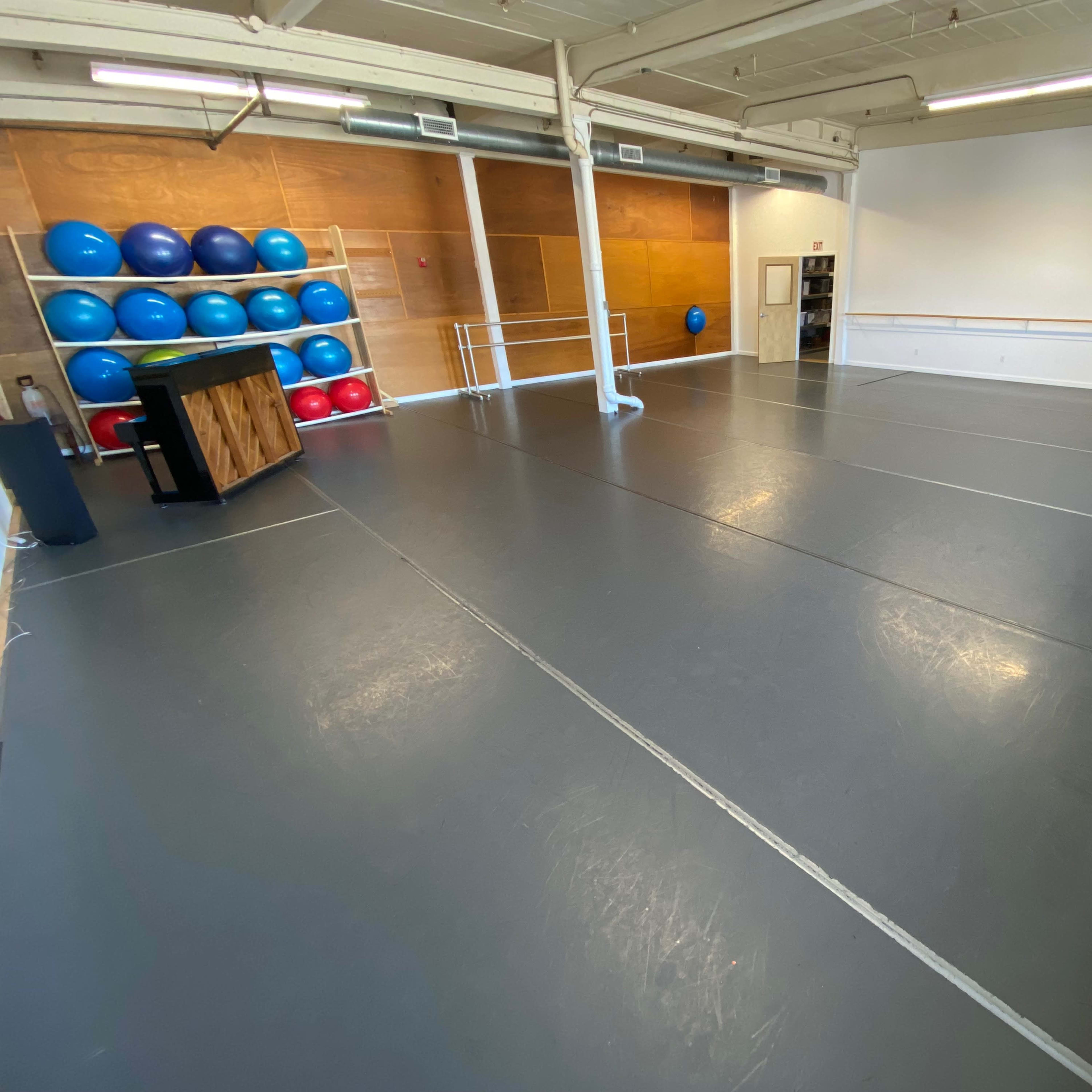 A spacious, empty exercise studio with gray flooring and blue exercise balls stacked against a wooden wall.