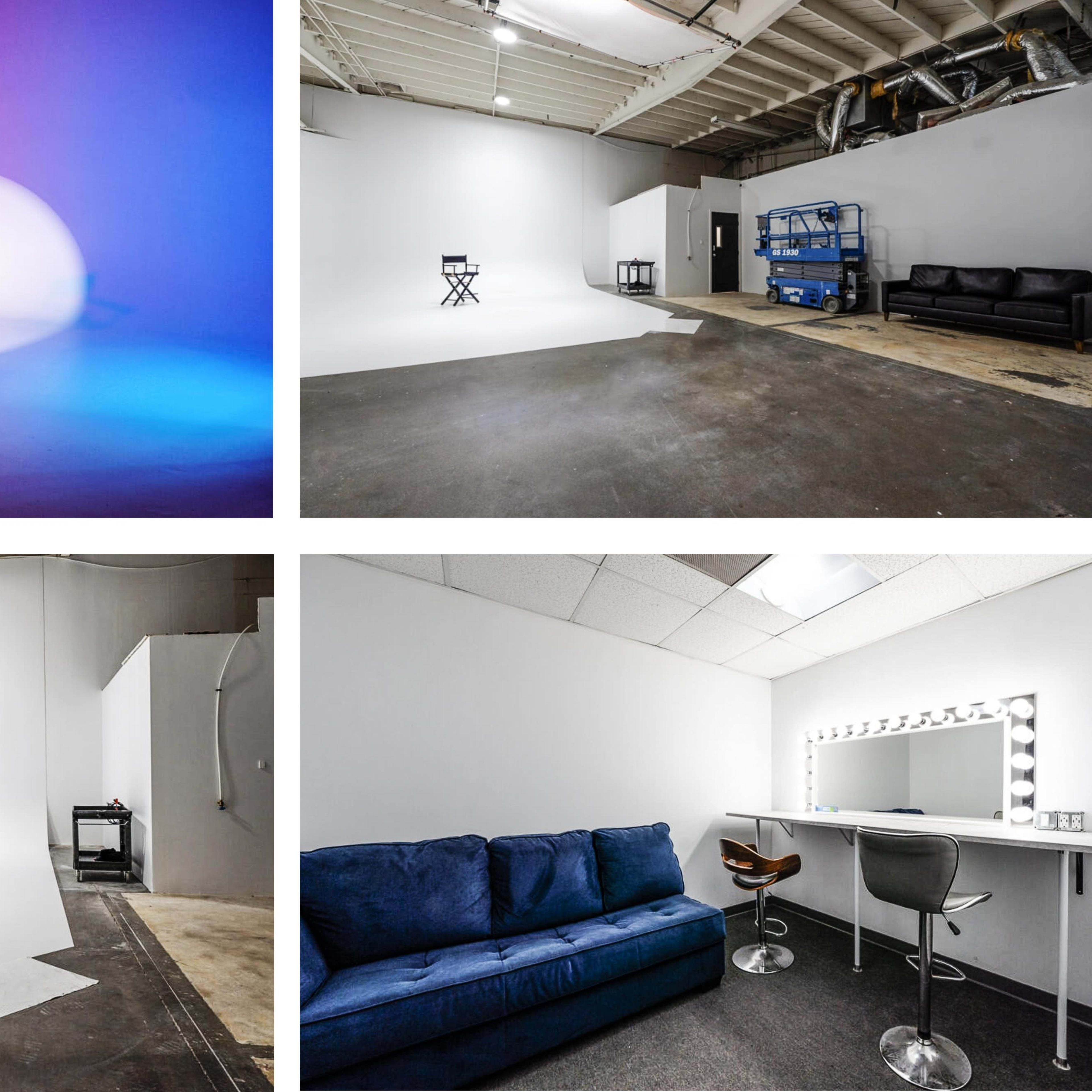 A series of empty studio spaces, featuring a director's chair in a backdrop of colored lights, a plain white shooting area, and a lounge area with a couch and mirror.