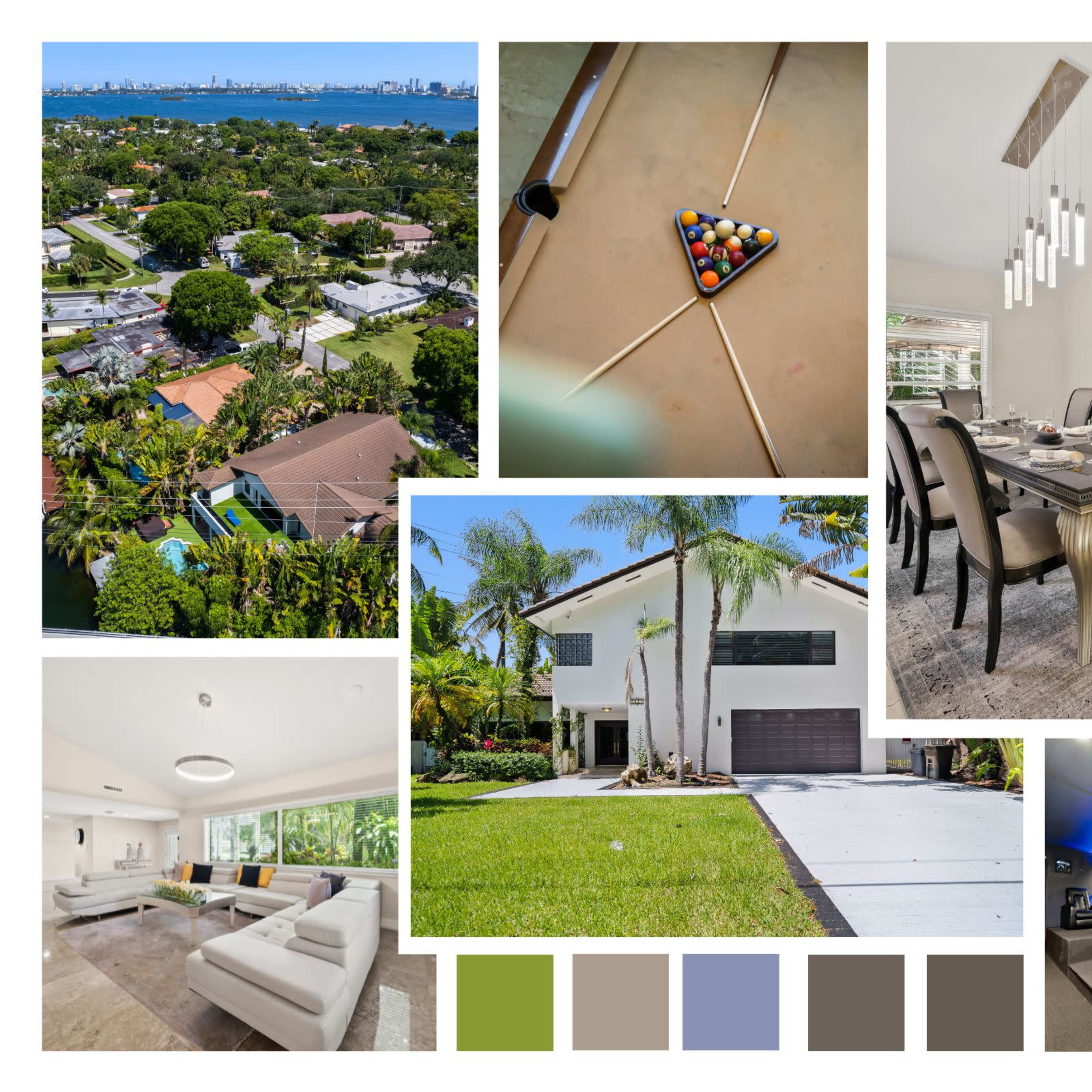 The collage features various scenes, including an aerial view of a residential area, a close-up of a pool table with balls, a dining setup, a modern home exterior with palm trees, an interior living space, and a home theater.