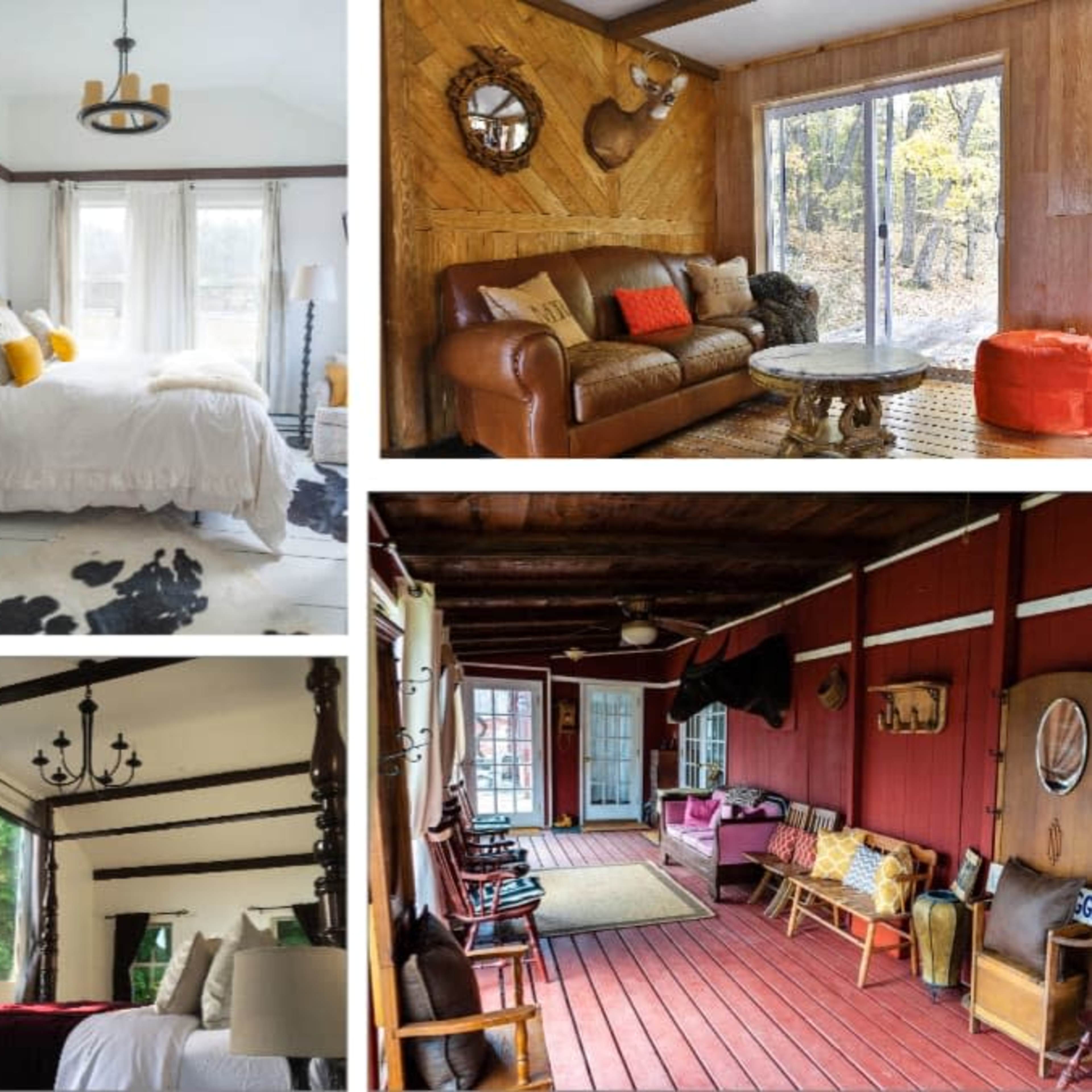 Four distinct interior spaces: a bright bedroom with a bed and minimal decor, a cozy living room with a leather sofa and wooden accents, a well-lit sunroom with seating and large windows, and a traditional sitting area with colorful chairs and a wooden floor.