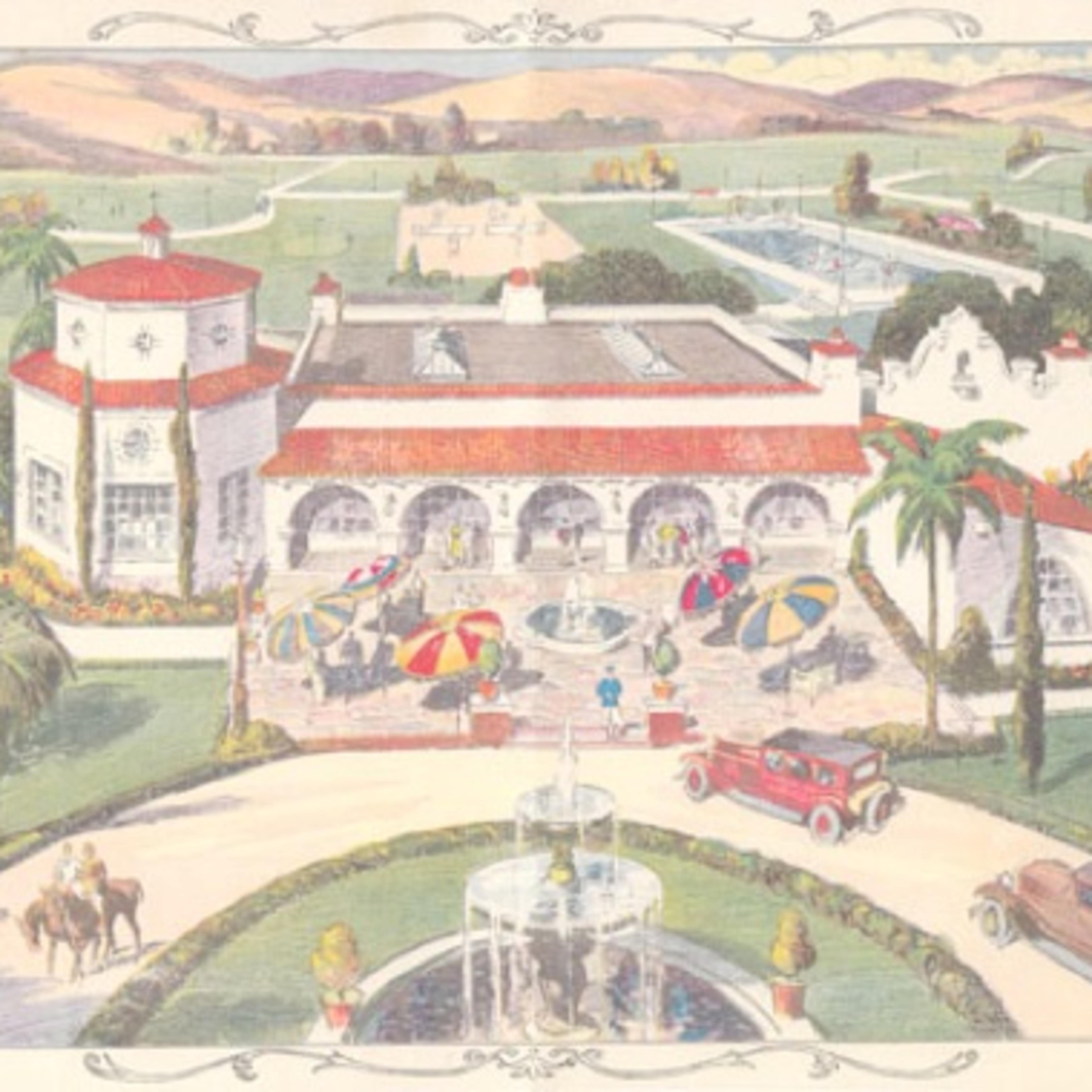 A picturesque estate with a central pool area, surrounded by landscaped gardens, parked vintage cars, and a horse rider in a rural setting.