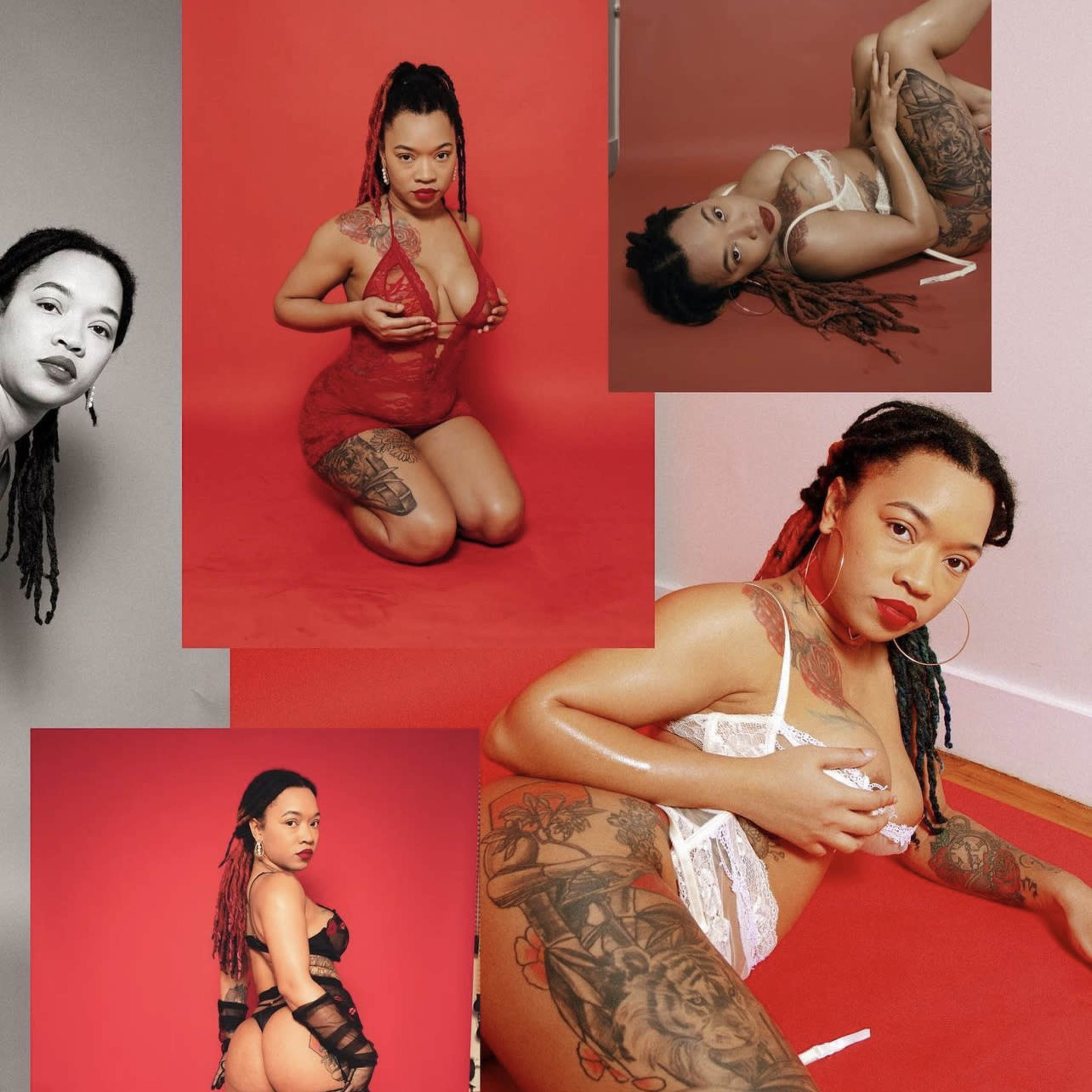 Features a woman posing in various outfits and positions against a red background, showcasing her tattoos and expressive poses.