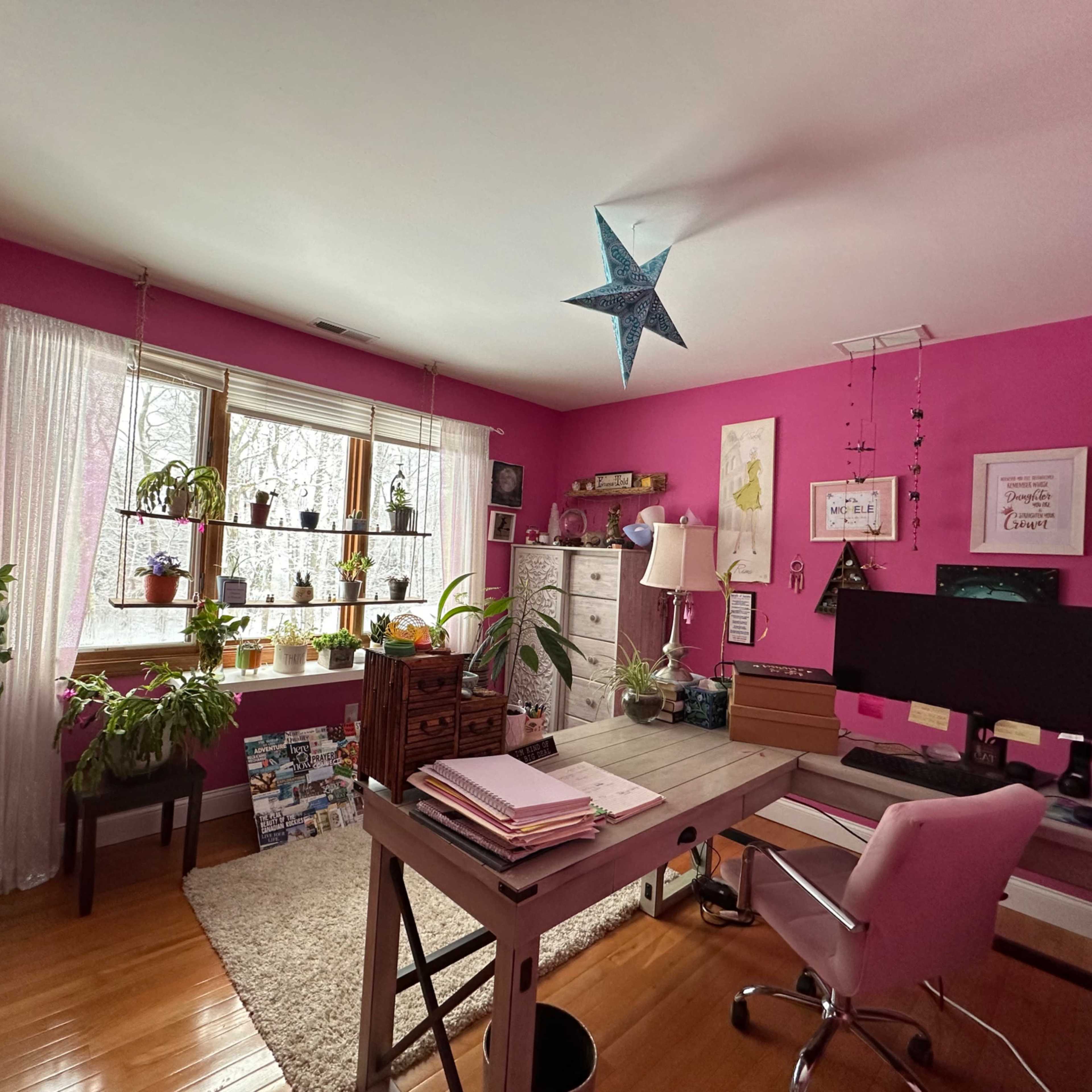 A bright pink home office features a desk with a computer, shelves filled with plants, and large windows allowing natural light to enter.