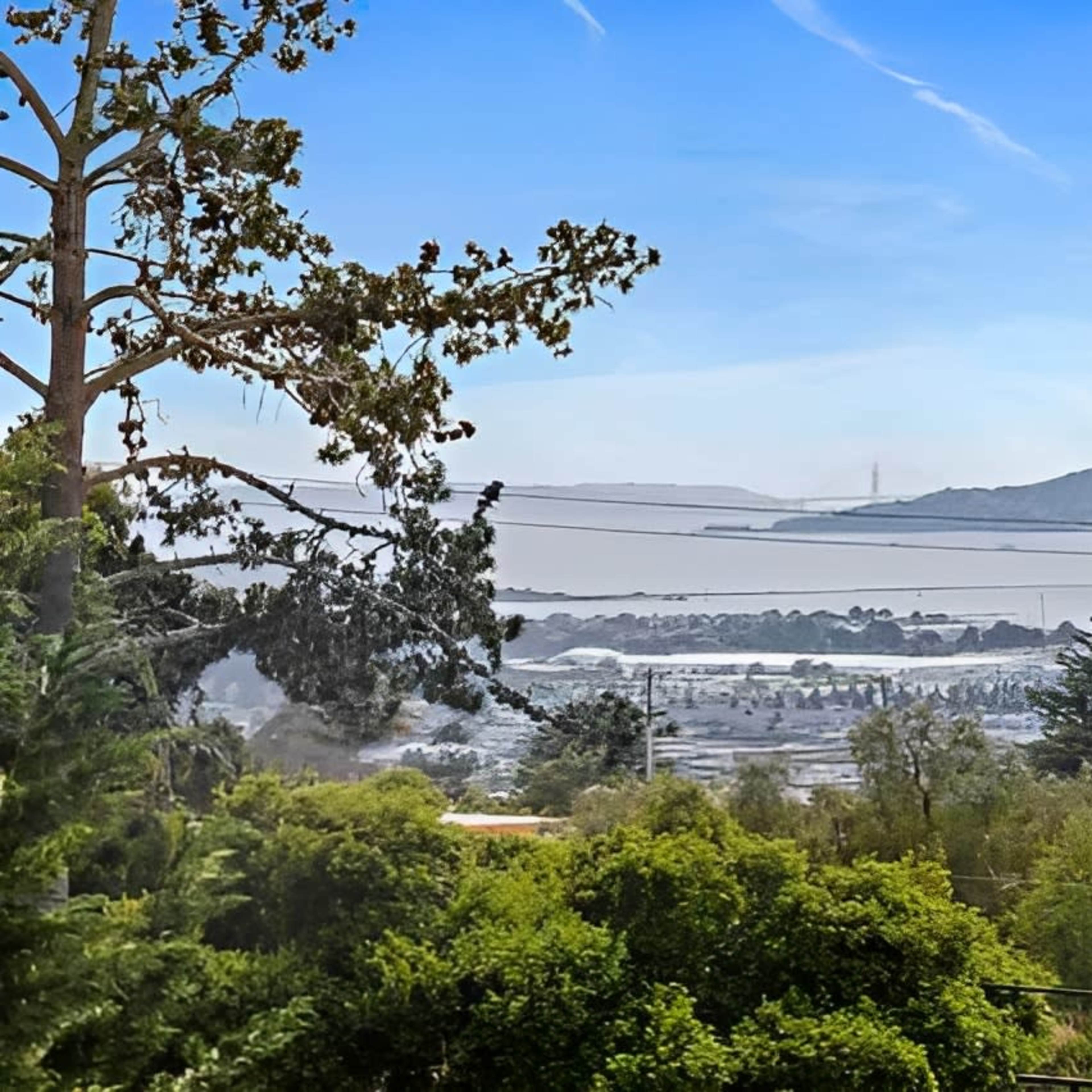 A view of a coastal landscape featuring trees, water, and distant hills under a clear blue sky.