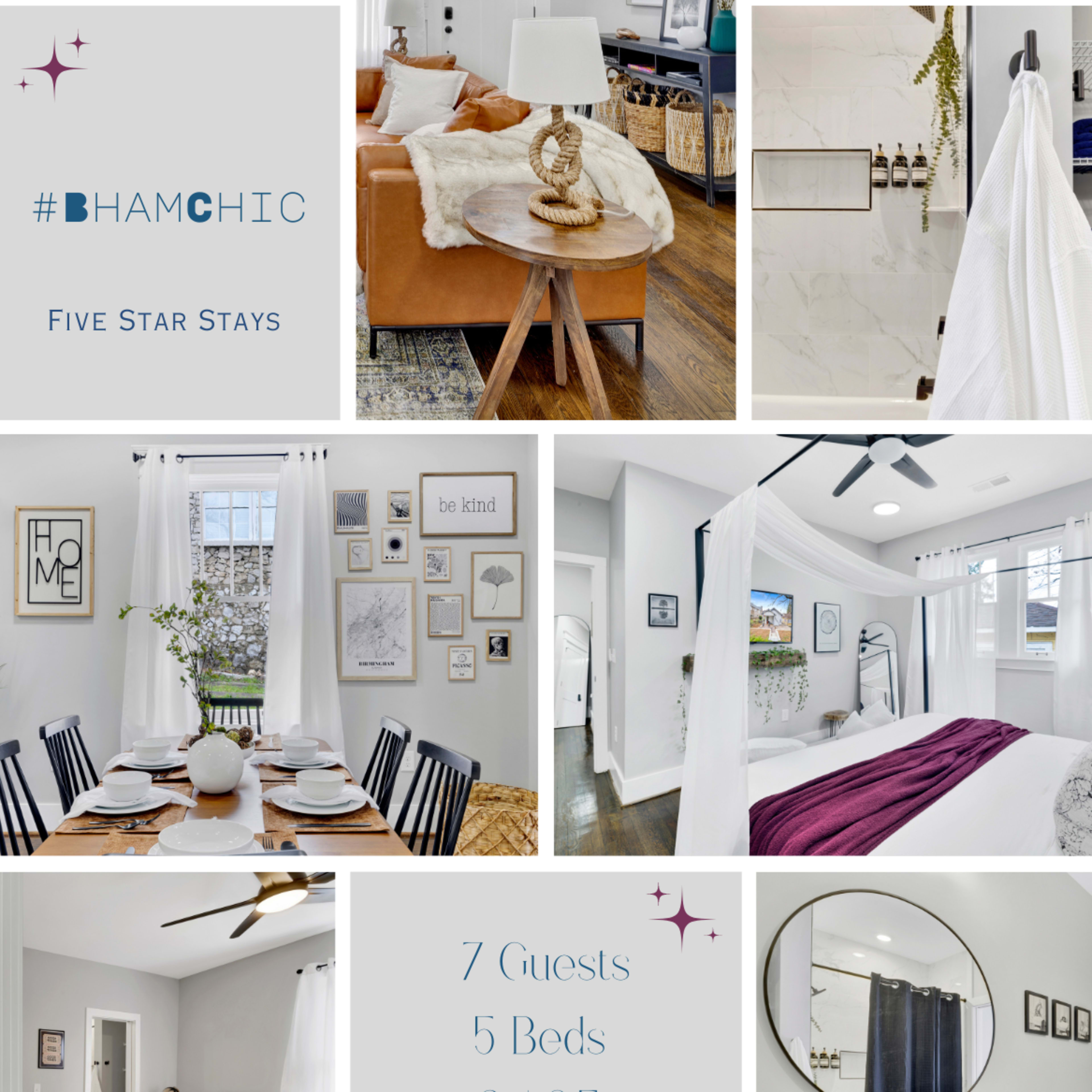 A collection of rooms and amenities from a rental property called "The Rustic," featuring various living spaces, bedrooms, and bathrooms suitable for seven guests.