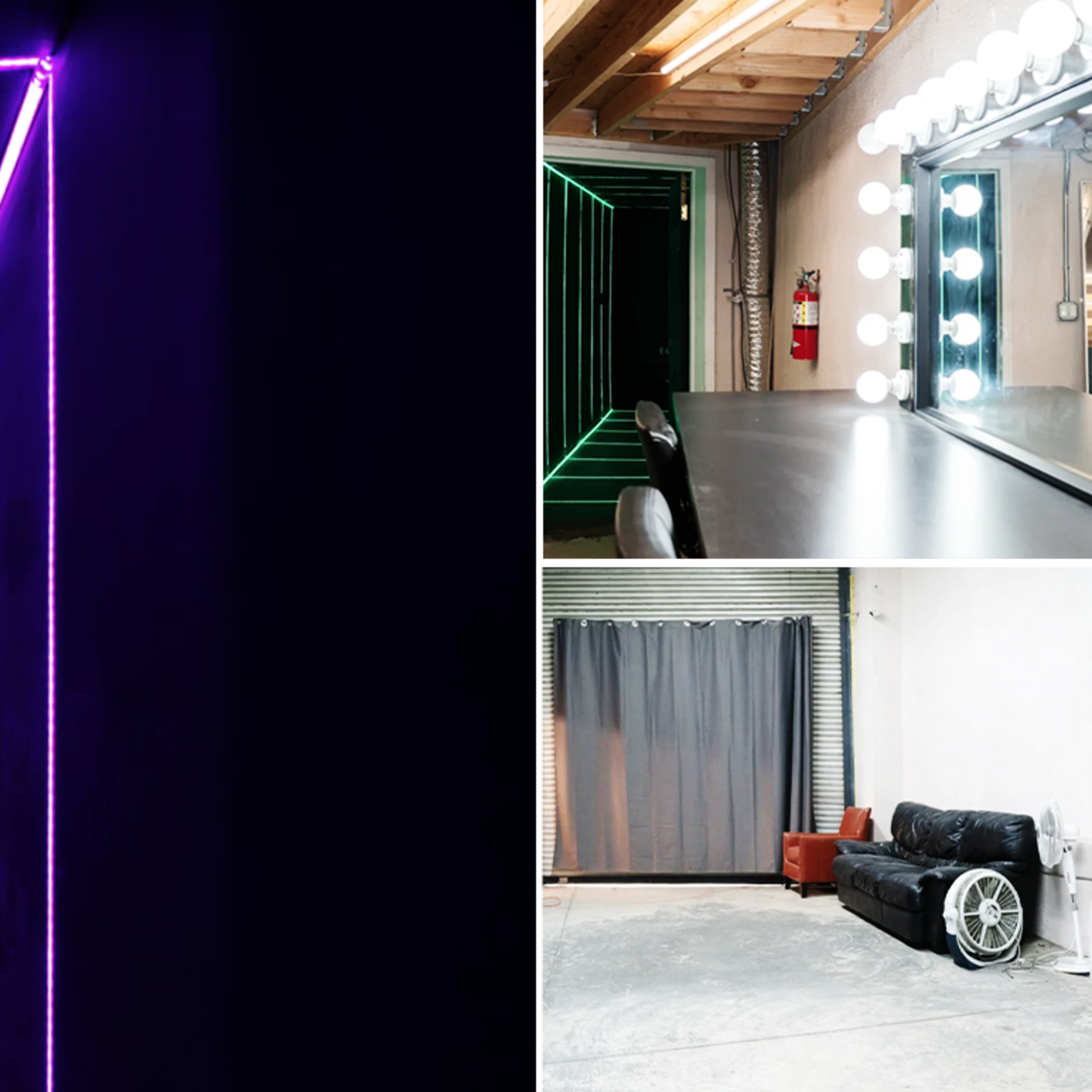 A dark corridor illuminated by vibrant neon lights, alongside a vanity mirror with bright bulbs and a seating area featuring a couch and a curtain.