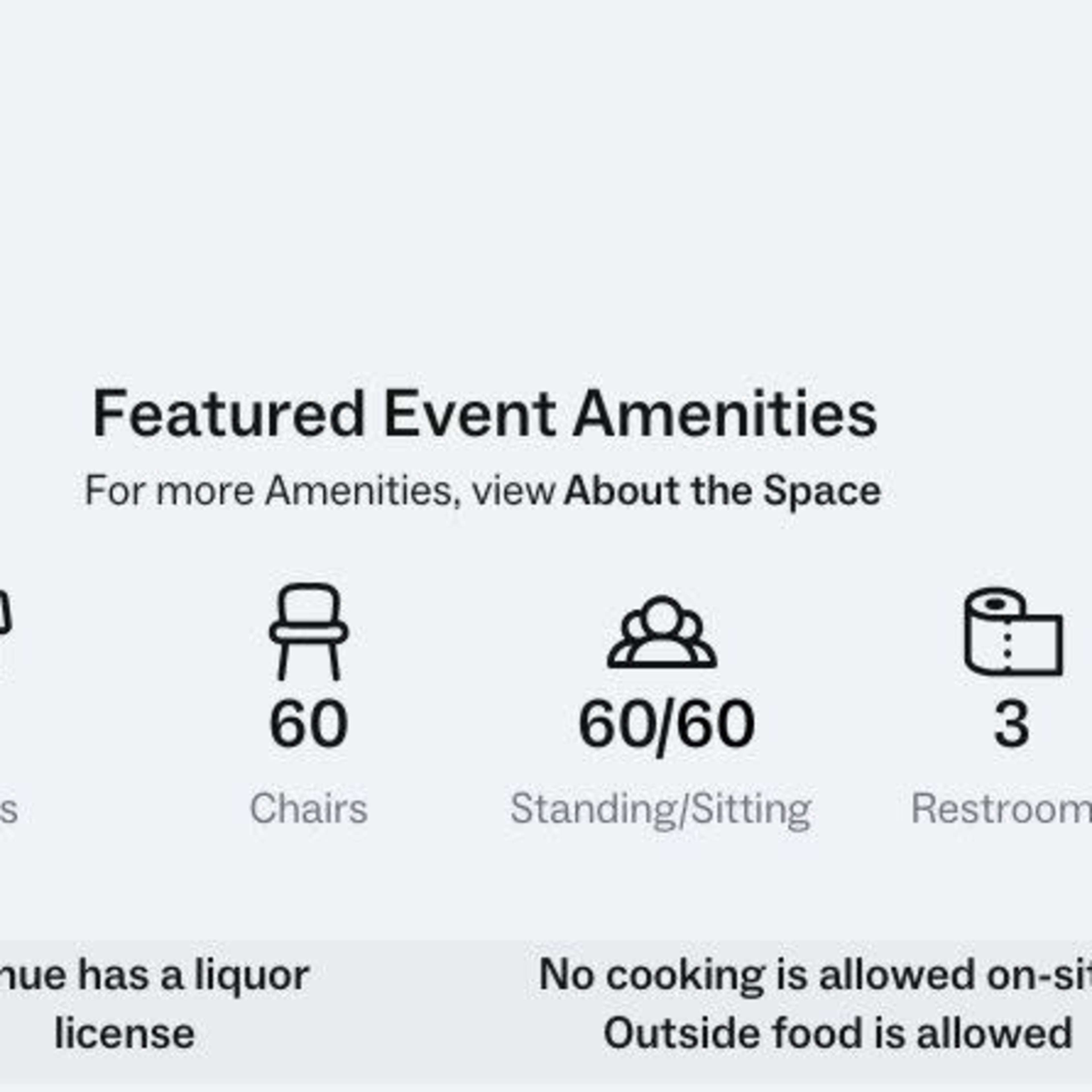 The featured event amenities, including 15 tables, 60 chairs, a capacity of 60 standing/sitting, and 3 restrooms, along with additional notes on liquor licensing and food policies.