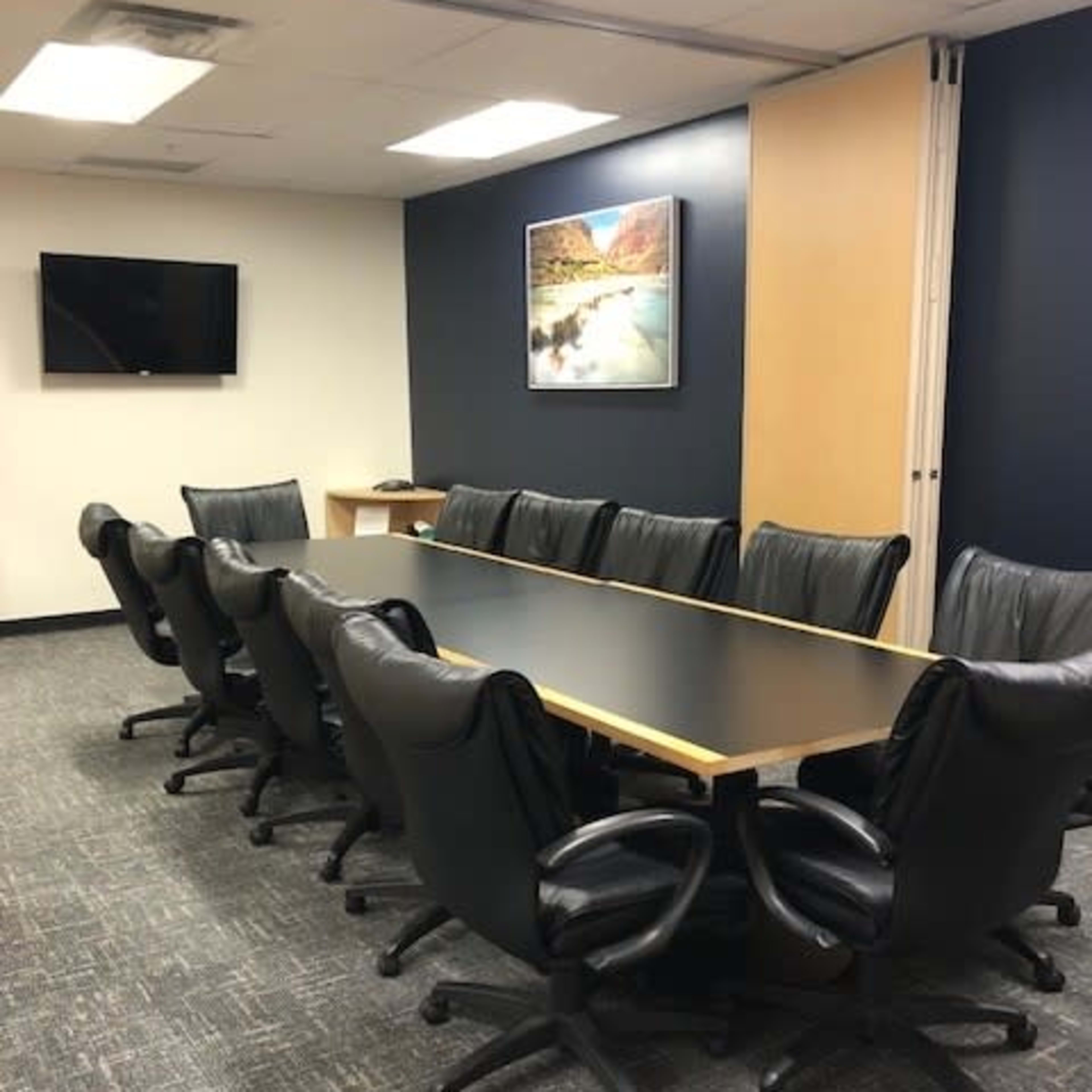 A long conference table with black leather chairs is arranged in a modern office meeting room featuring a wall-mounted television and a landscape picture.