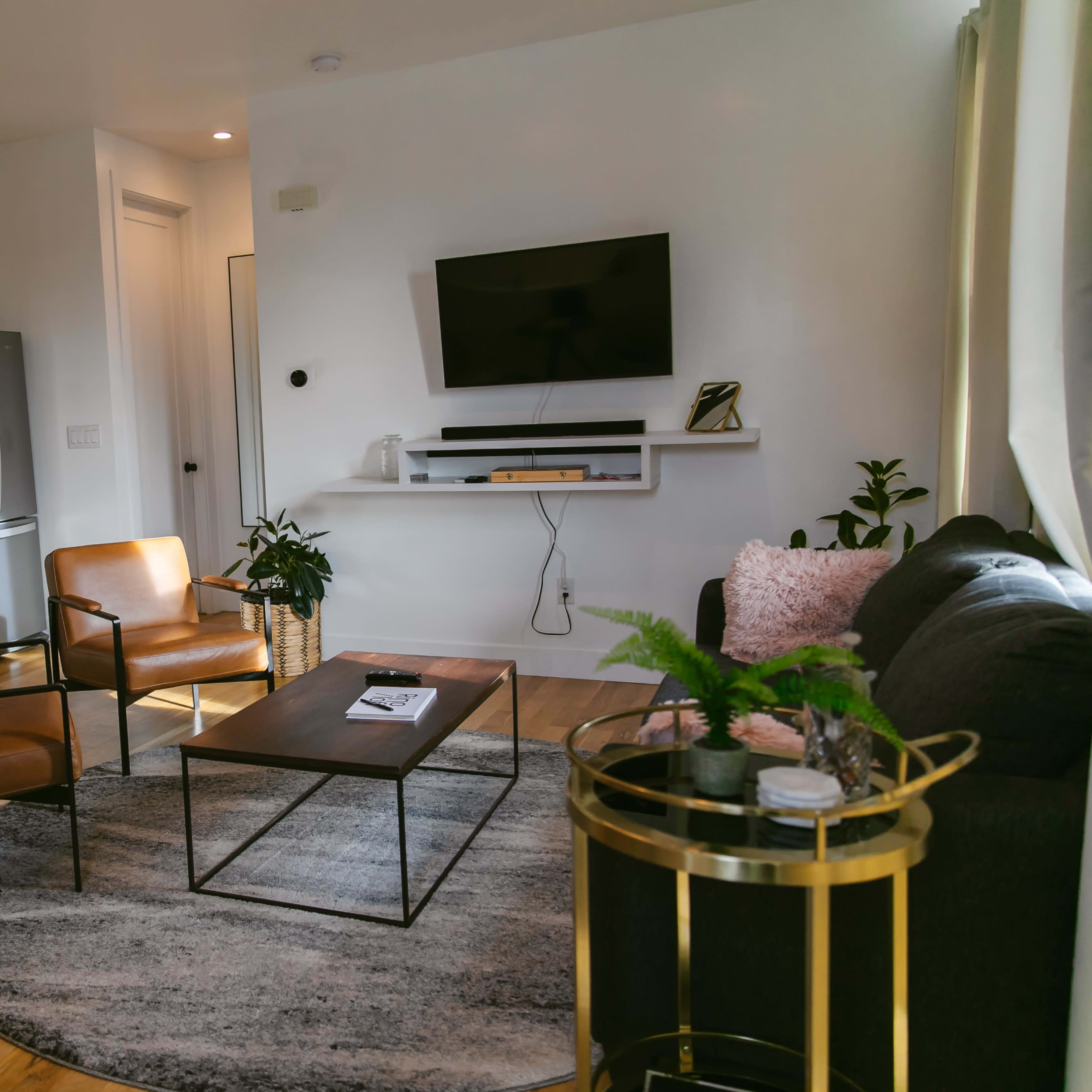 The living room features a modern layout with a circular rug, two leather chairs, a coffee table, a sofa, and a wall-mounted television.