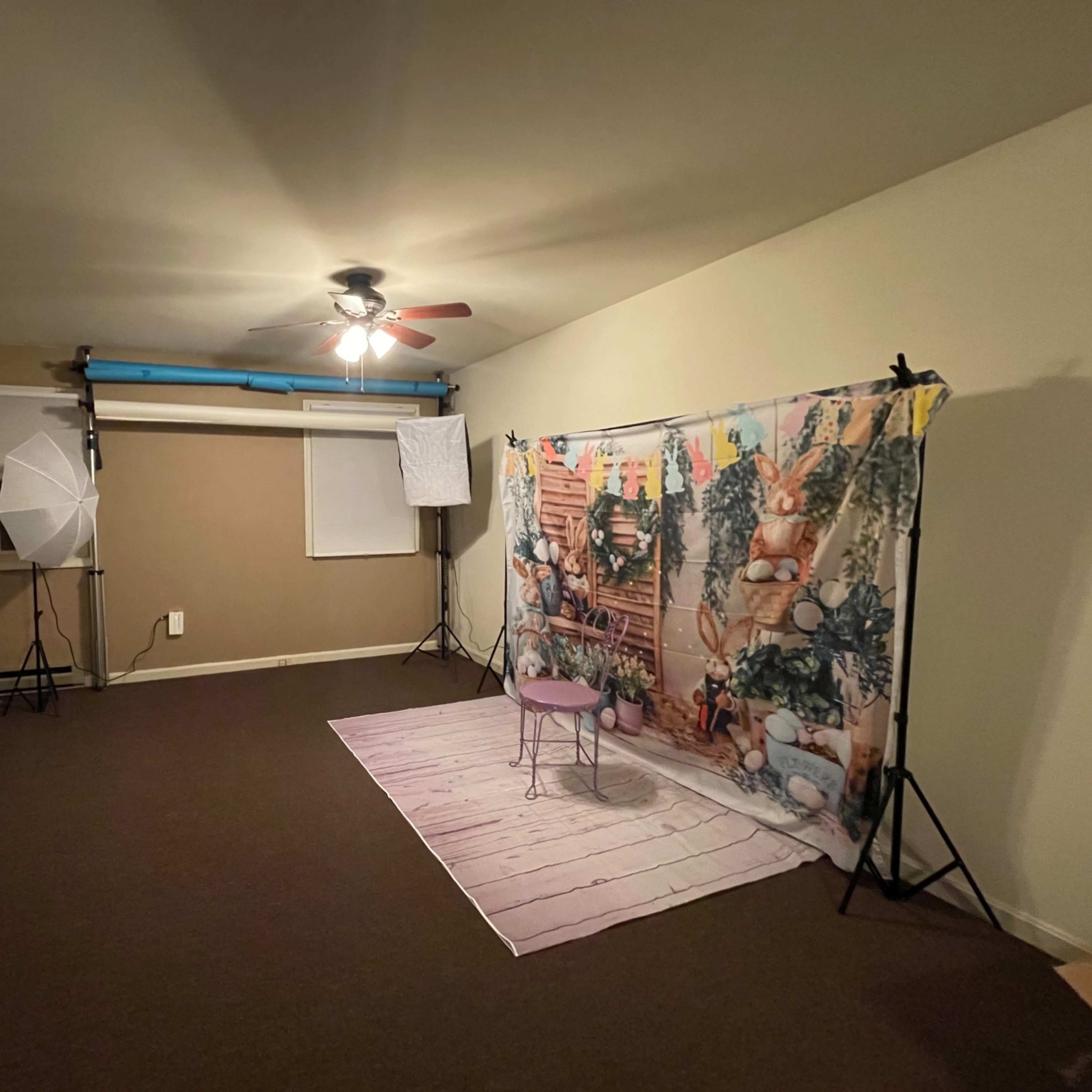 A spacious room with brown walls, a ceiling fan, lighting equipment, and a backdrop featuring a colorful scene, along with a small pink chair on a striped rug.