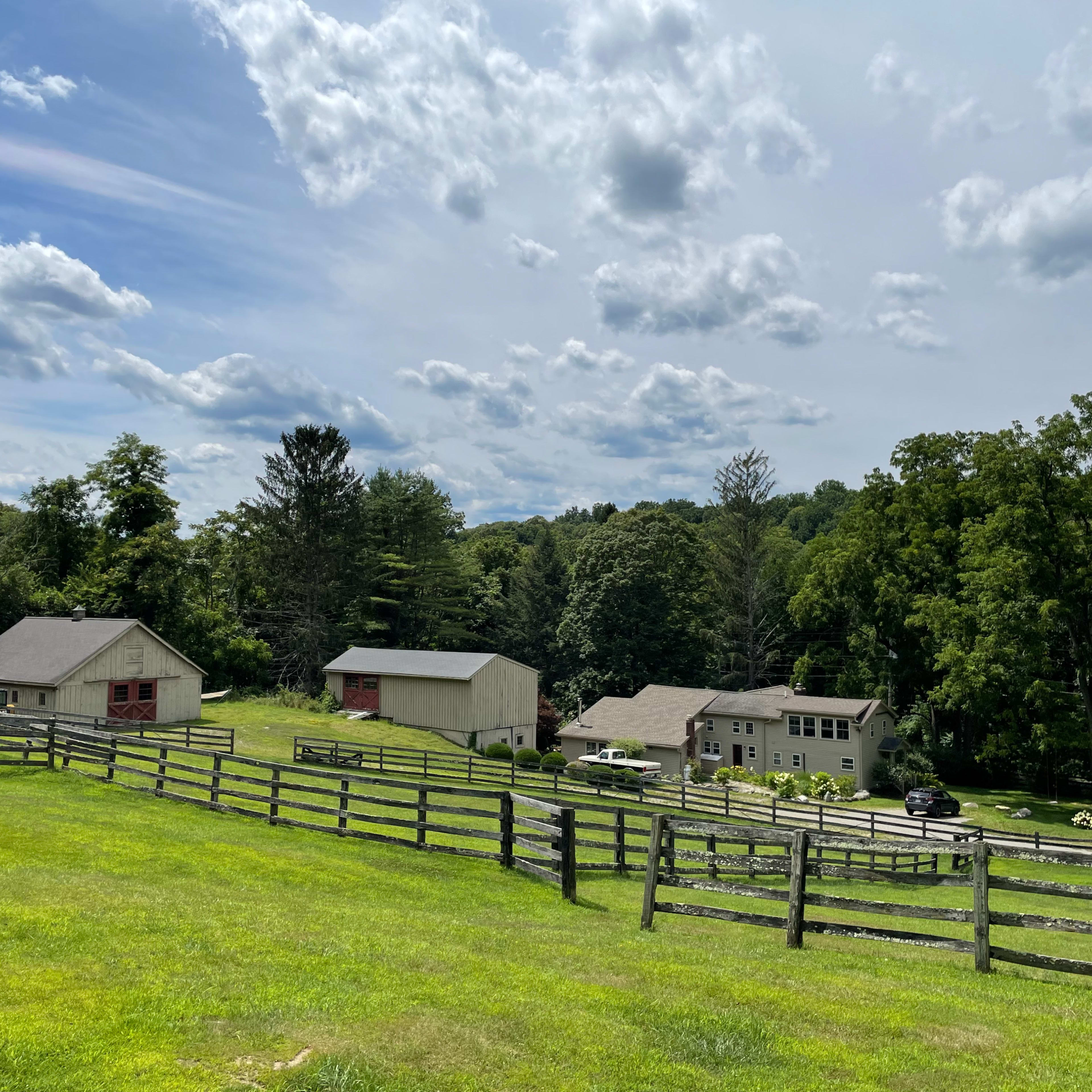 A rural landscape featuring two houses and several outbuildings surrounded by green fields and a wooden fence under a partly cloudy sky.