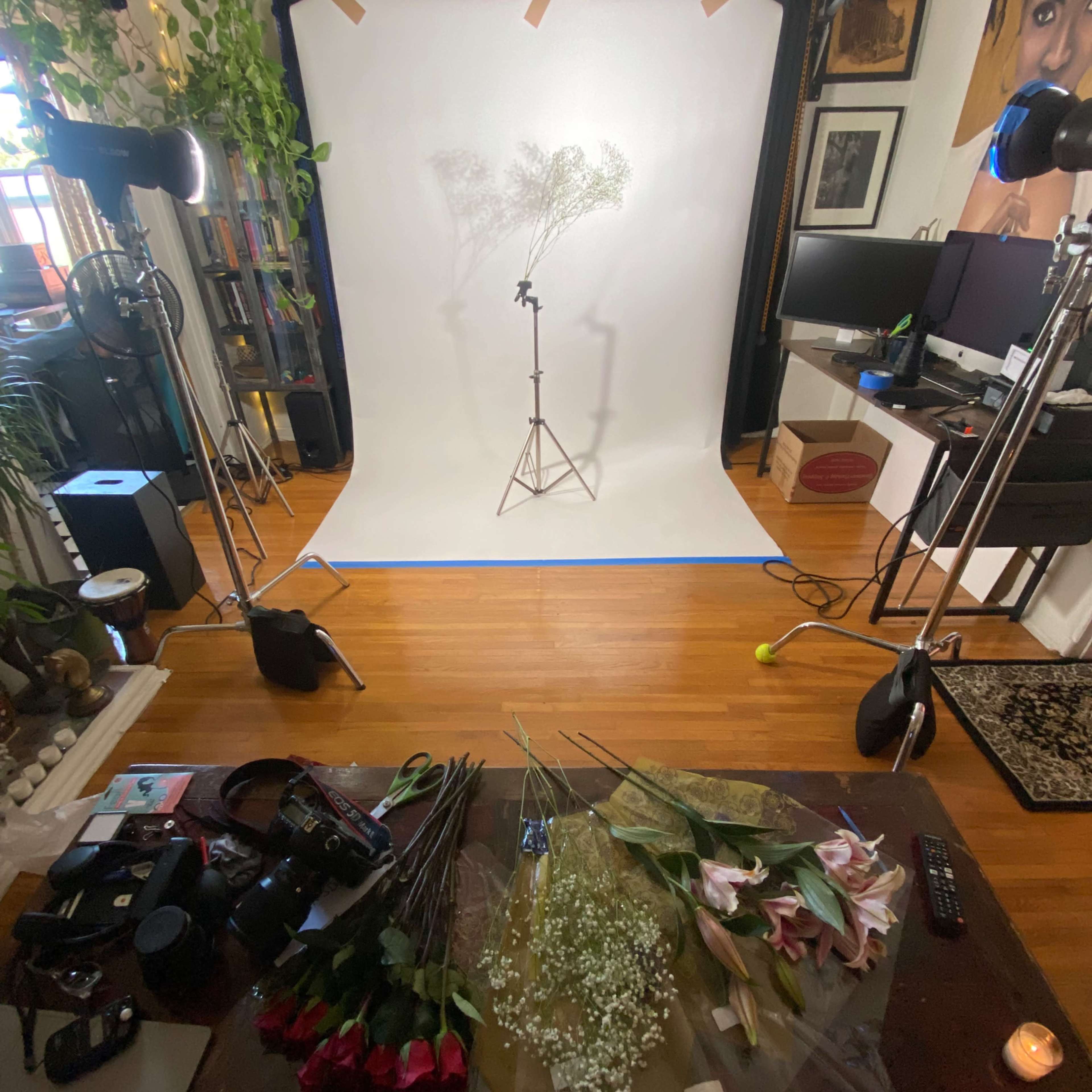 A photography setup featuring a white backdrop, lighting equipment, and various flowers arranged on a table in a home studio.