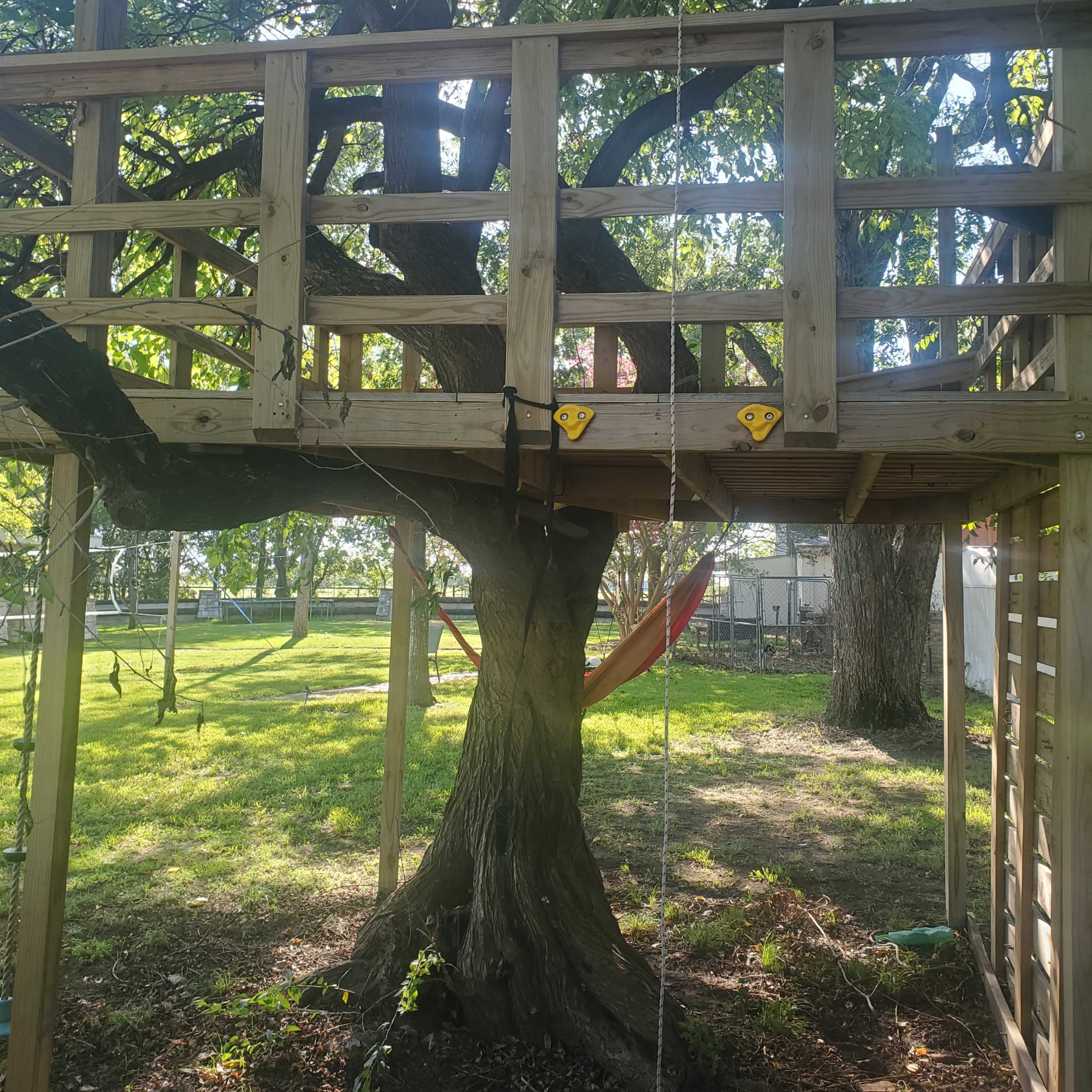 A wooden treehouse is built around a tree, featuring a rope swing and a hammock below it in a grassy area.