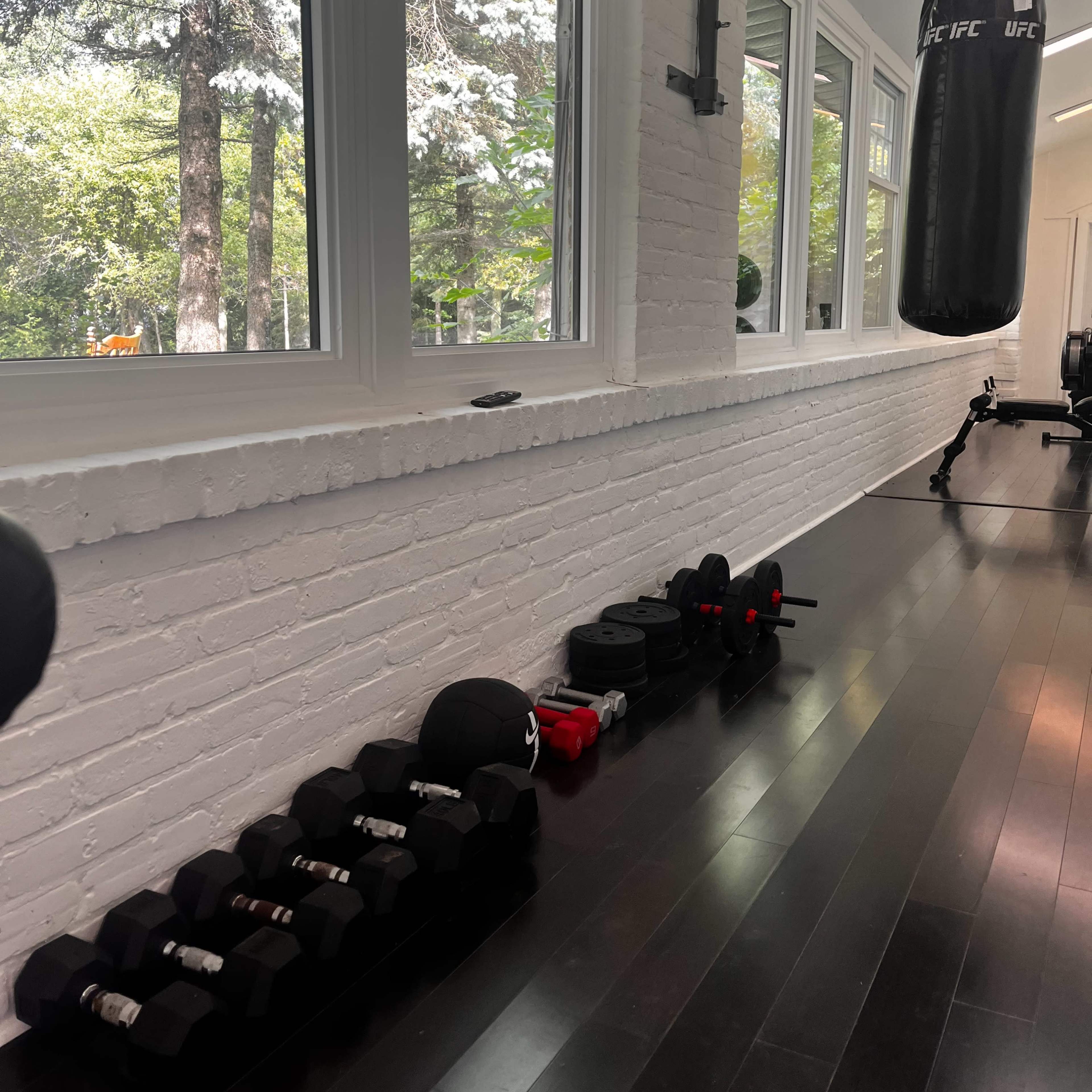 A workout space with a row of dumbbells, a heavy bag suspended from the ceiling, and a view of trees through large windows.