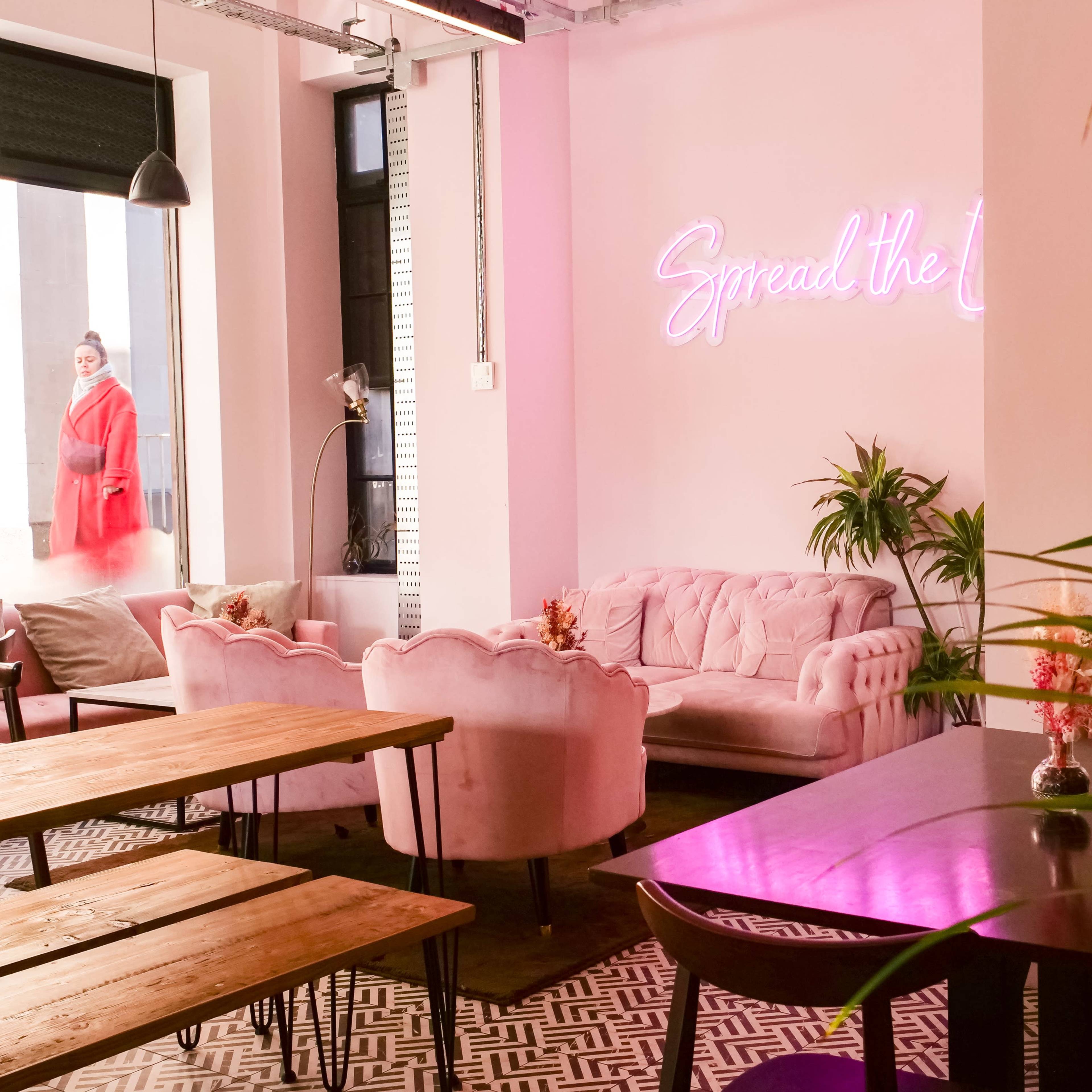 Sunny High Holborn Cafe with Chic Pink Accents Image in Holborn, London, England