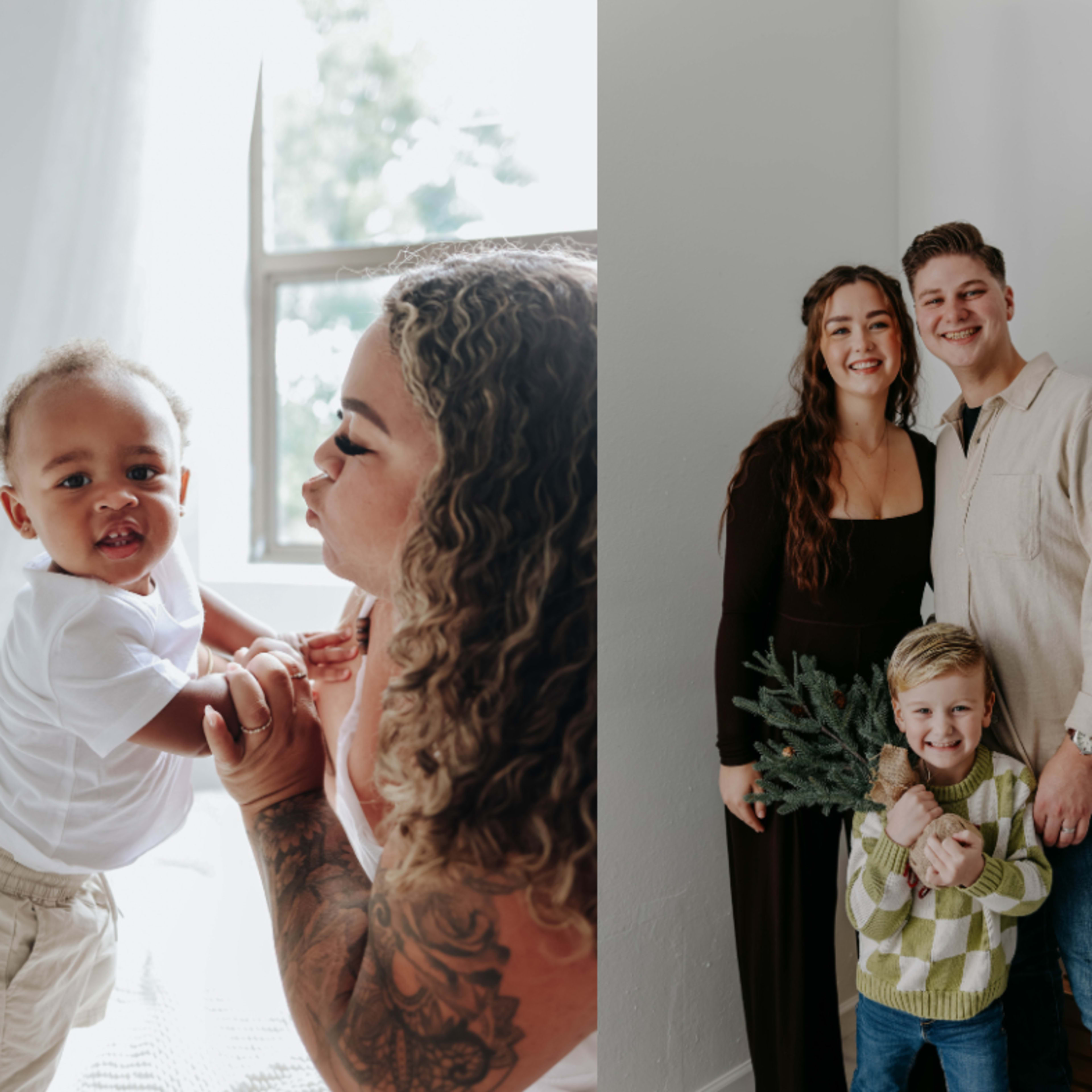 Two distinct scenes: on the left, a mother playfully interacts with her baby indoors by a window, while on the right, a family of four poses together, smiling and holding a small decorative tree.