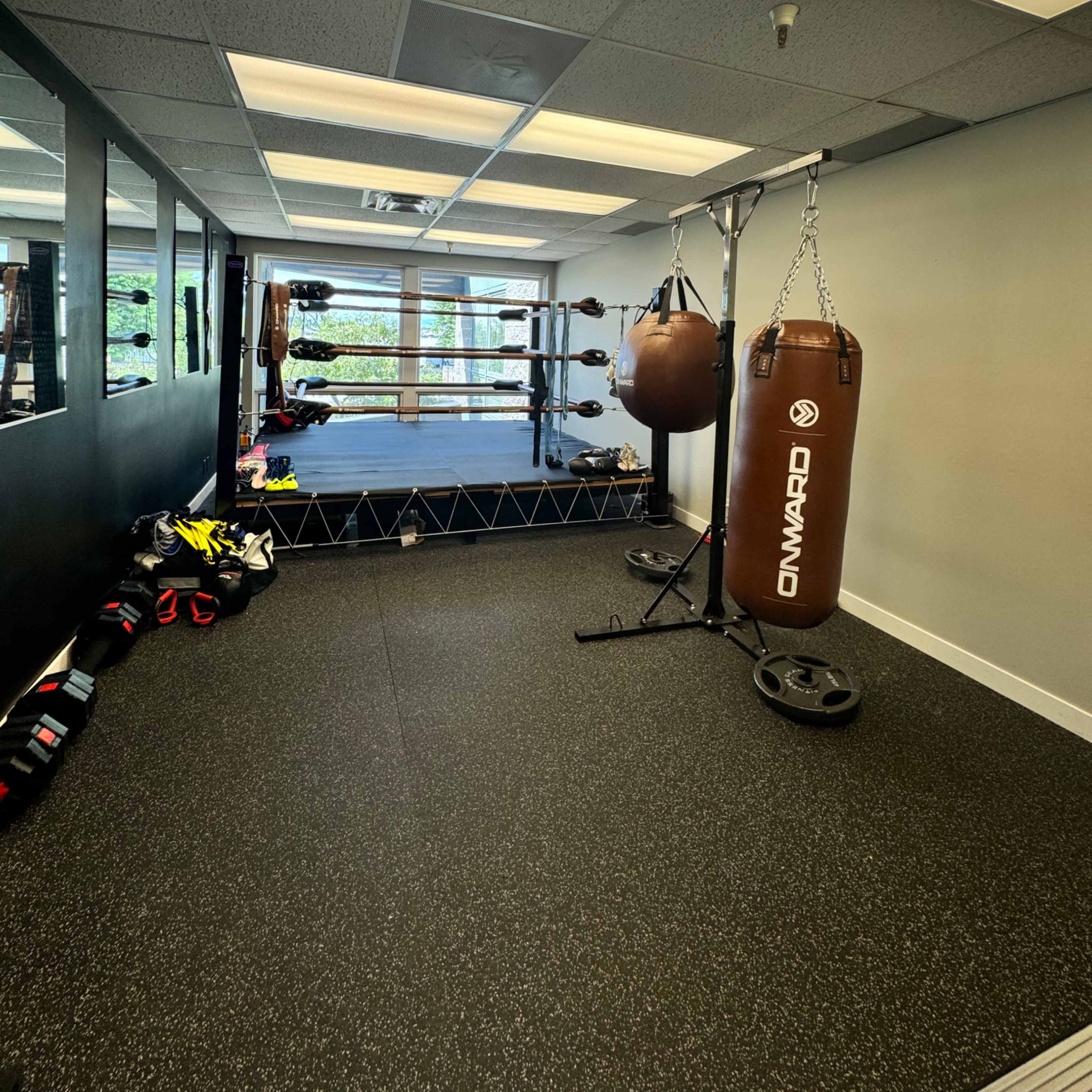 A training area featuring two heavy punching bags, a boxing ring, and workout gear against a wall.
