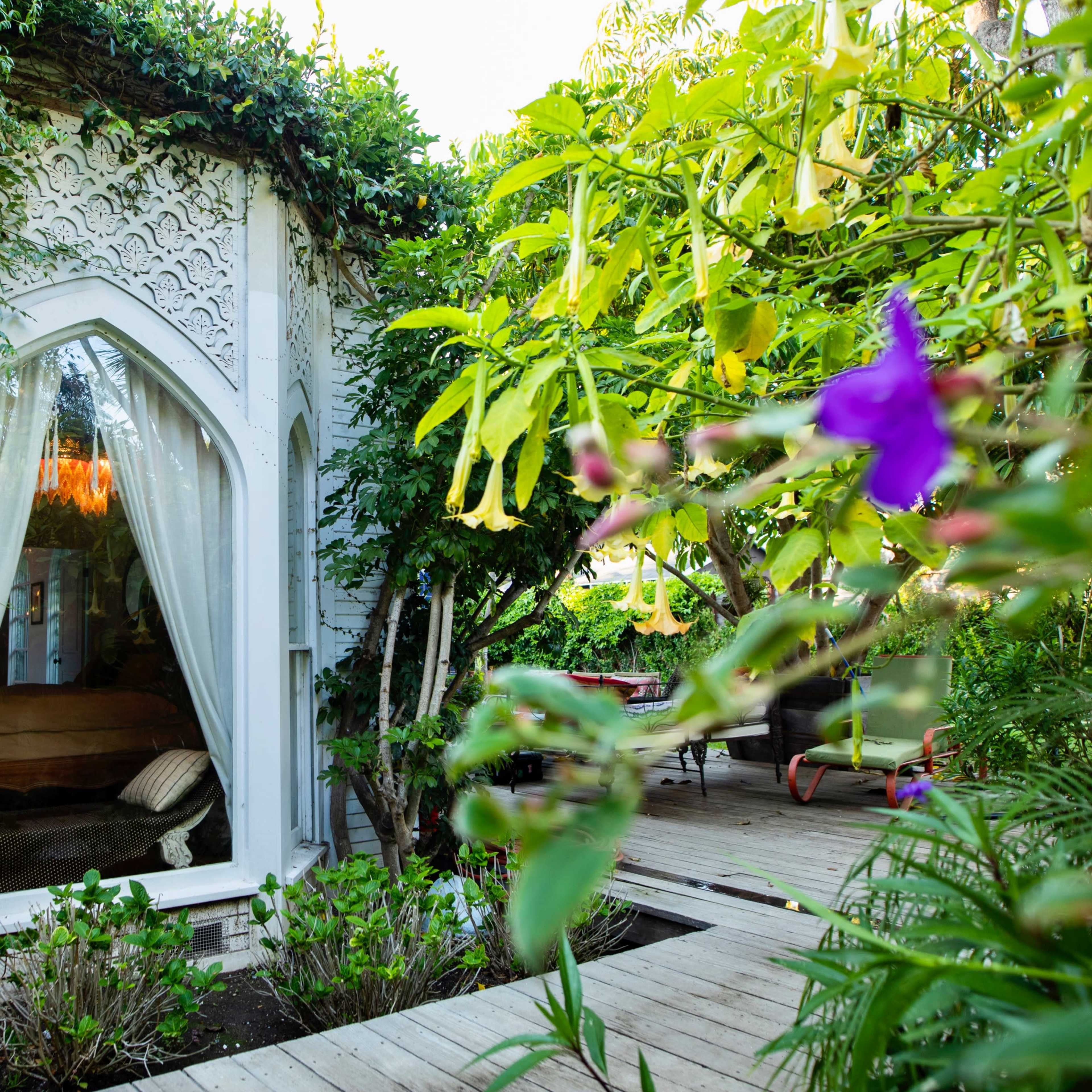 A white, intricately designed window frame is surrounded by lush greenery, leading to a cozy interior space.