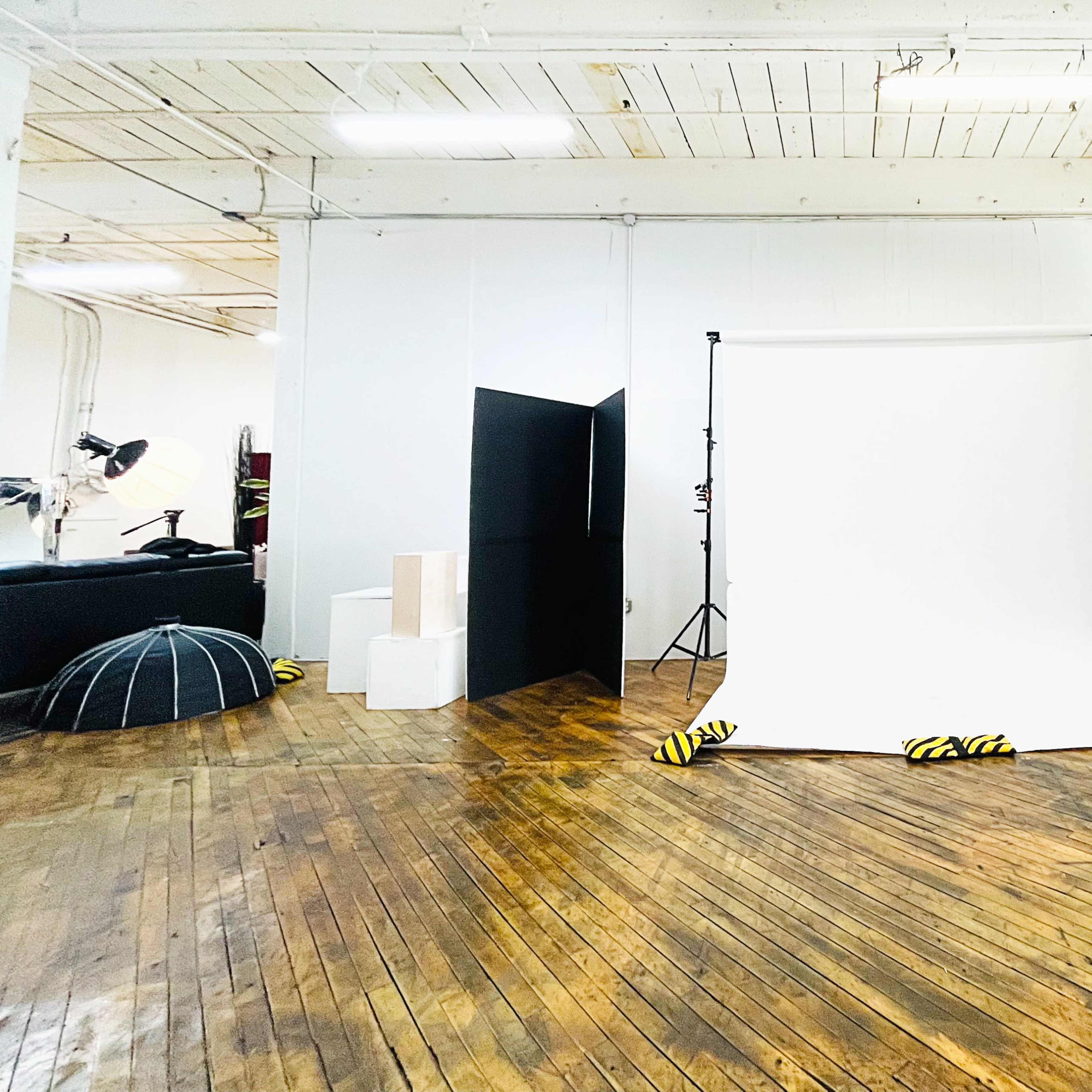 A photo studio with a white backdrop, black screens, and wooden floors is set up for a photoshoot.
