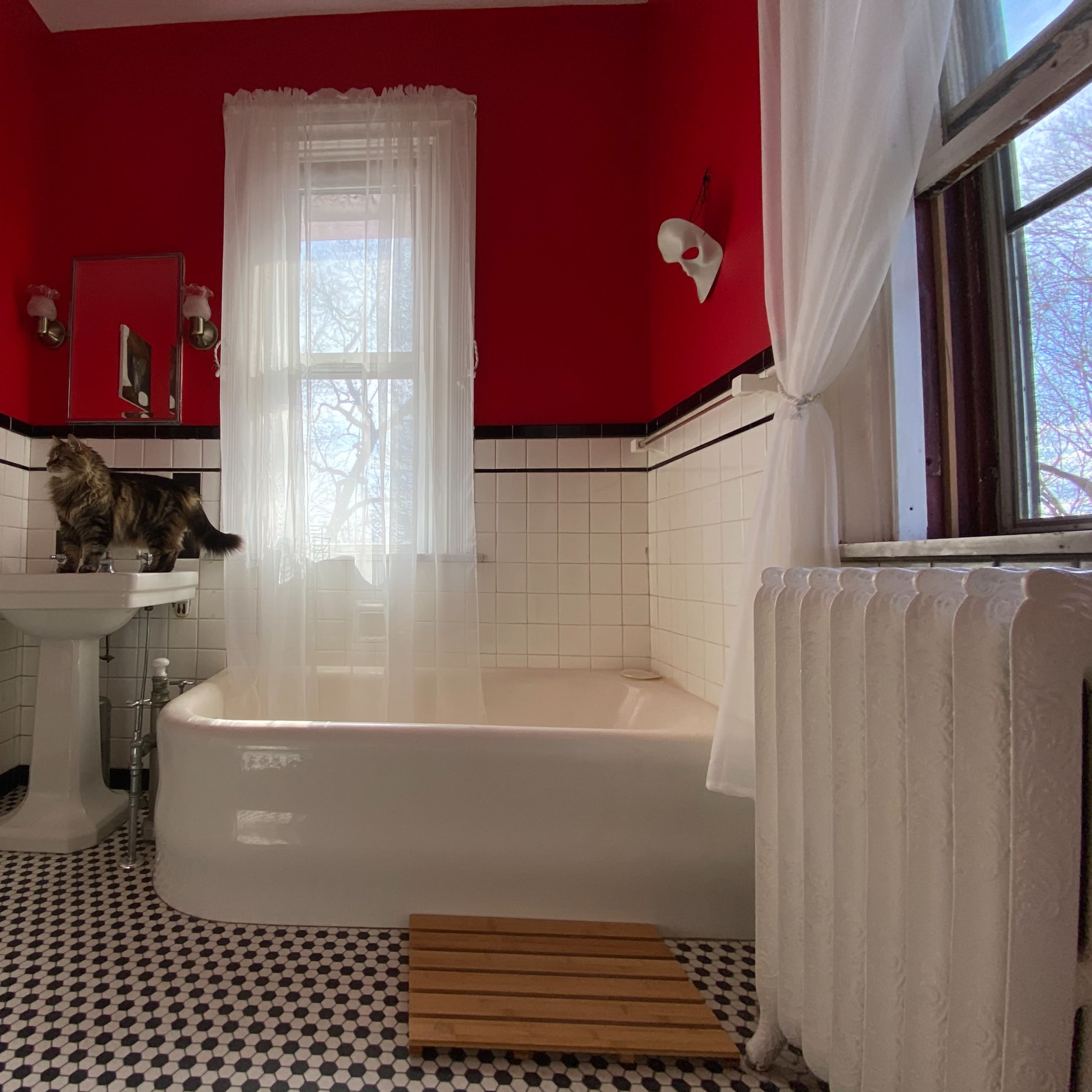 A bathroom features a red wall, a white bathtub, a sink, and a cat standing on the sink.
