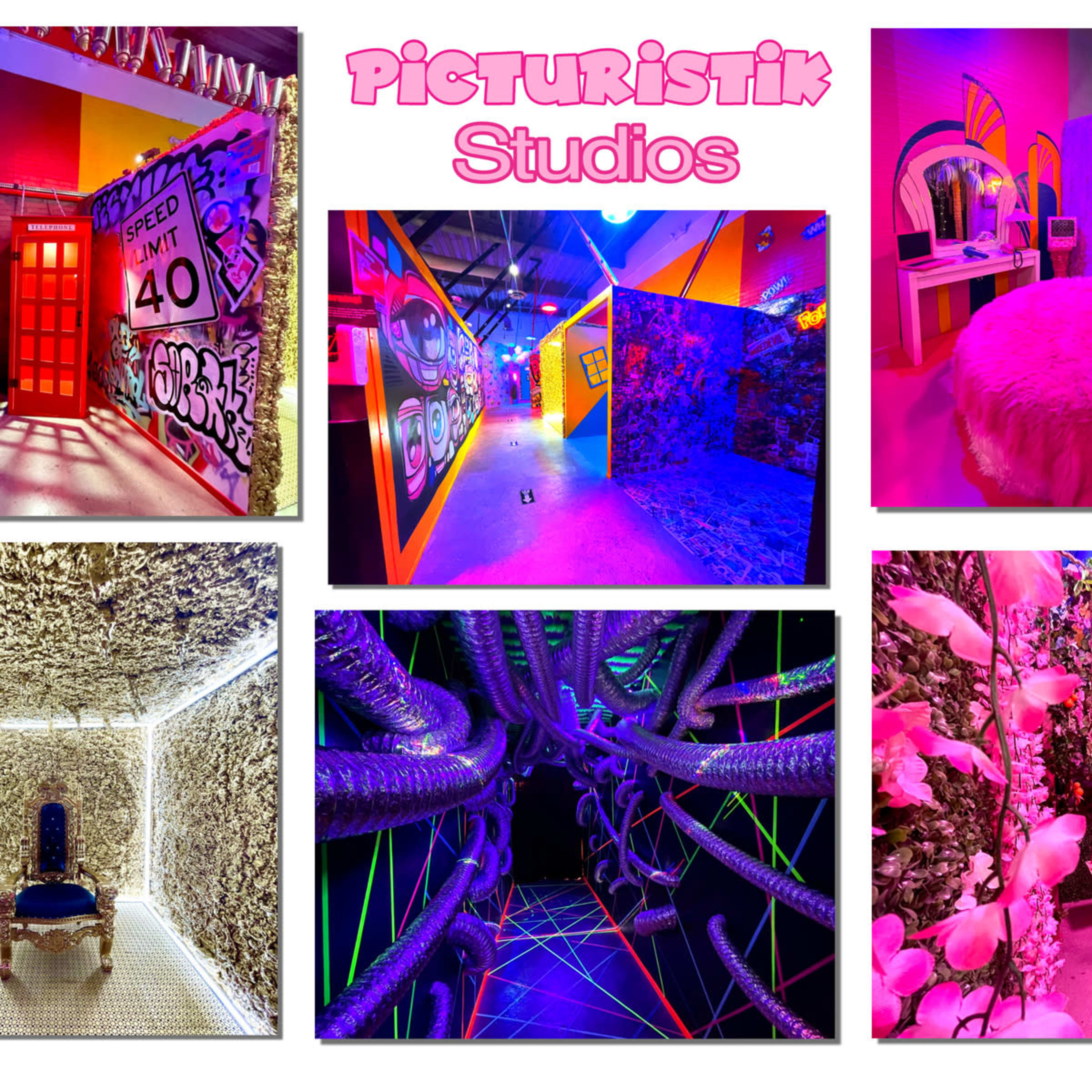 Various vibrant, creatively designed spaces within a studio, featuring colored walls, decorative elements, and unique lighting.