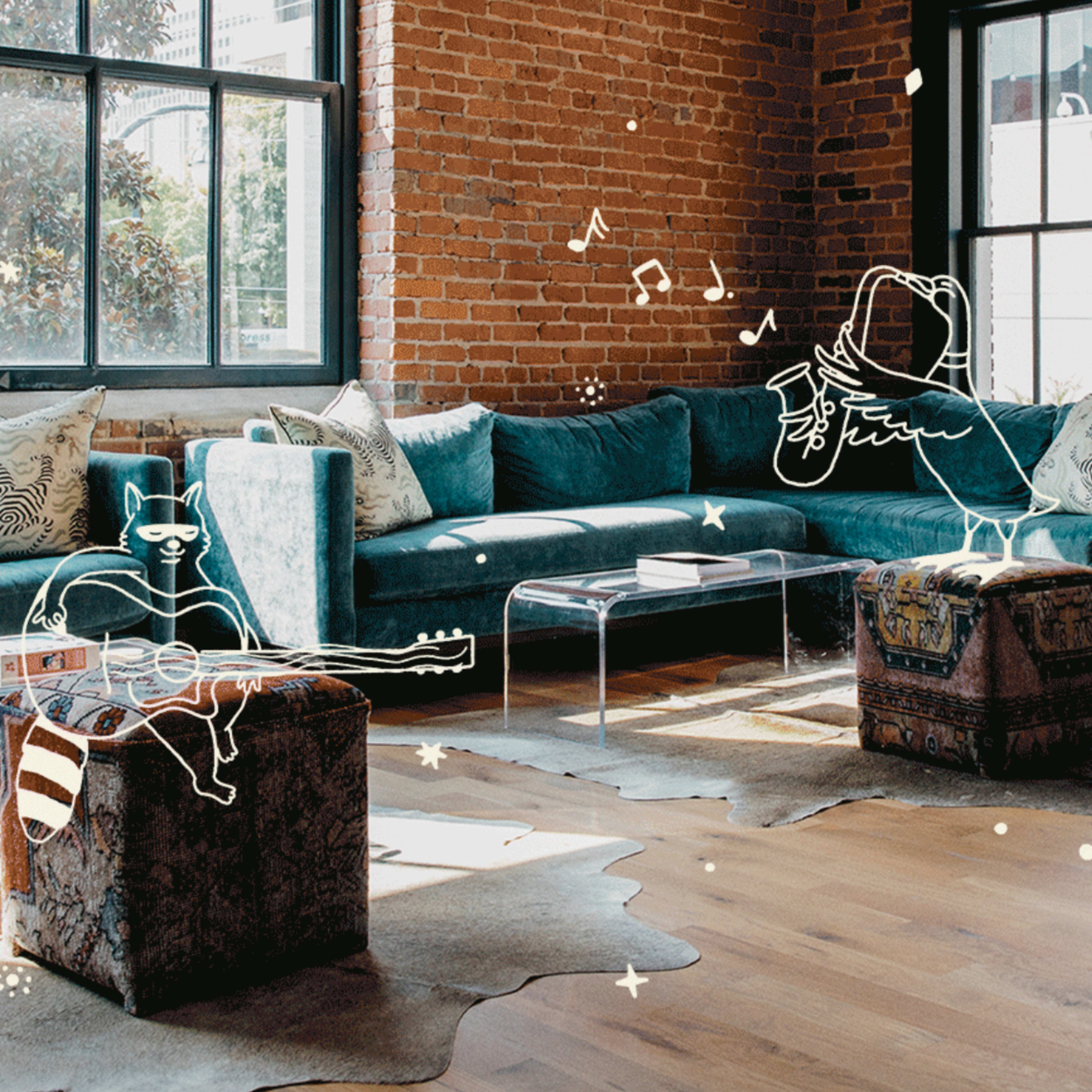 A cozy living room features a plush sofa, a transparent coffee table, and artistic illustrations of animals playing musical instruments on a wooden floor.