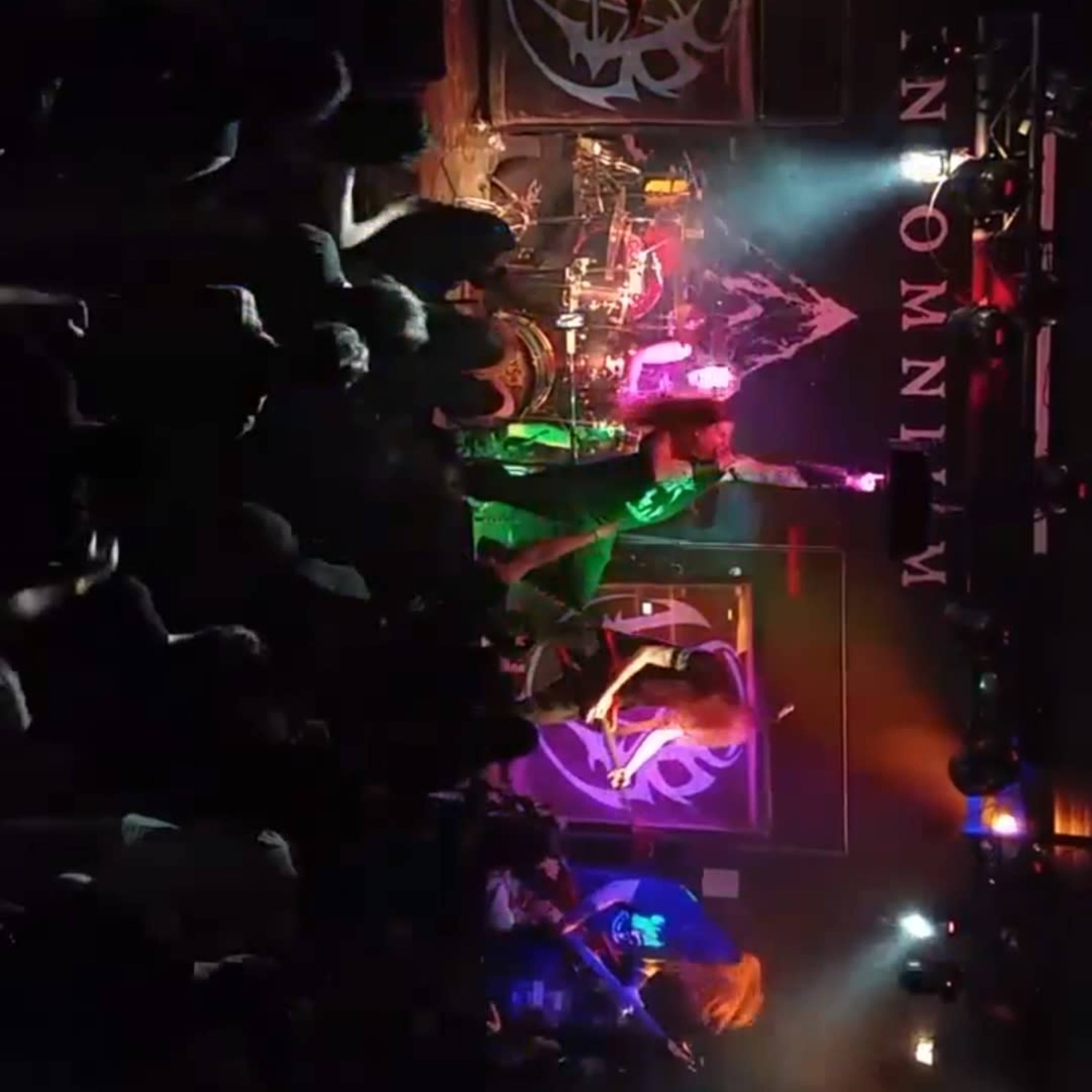 A live band performs on stage with colorful lights illuminating the musicians and a crowd of fans in front.