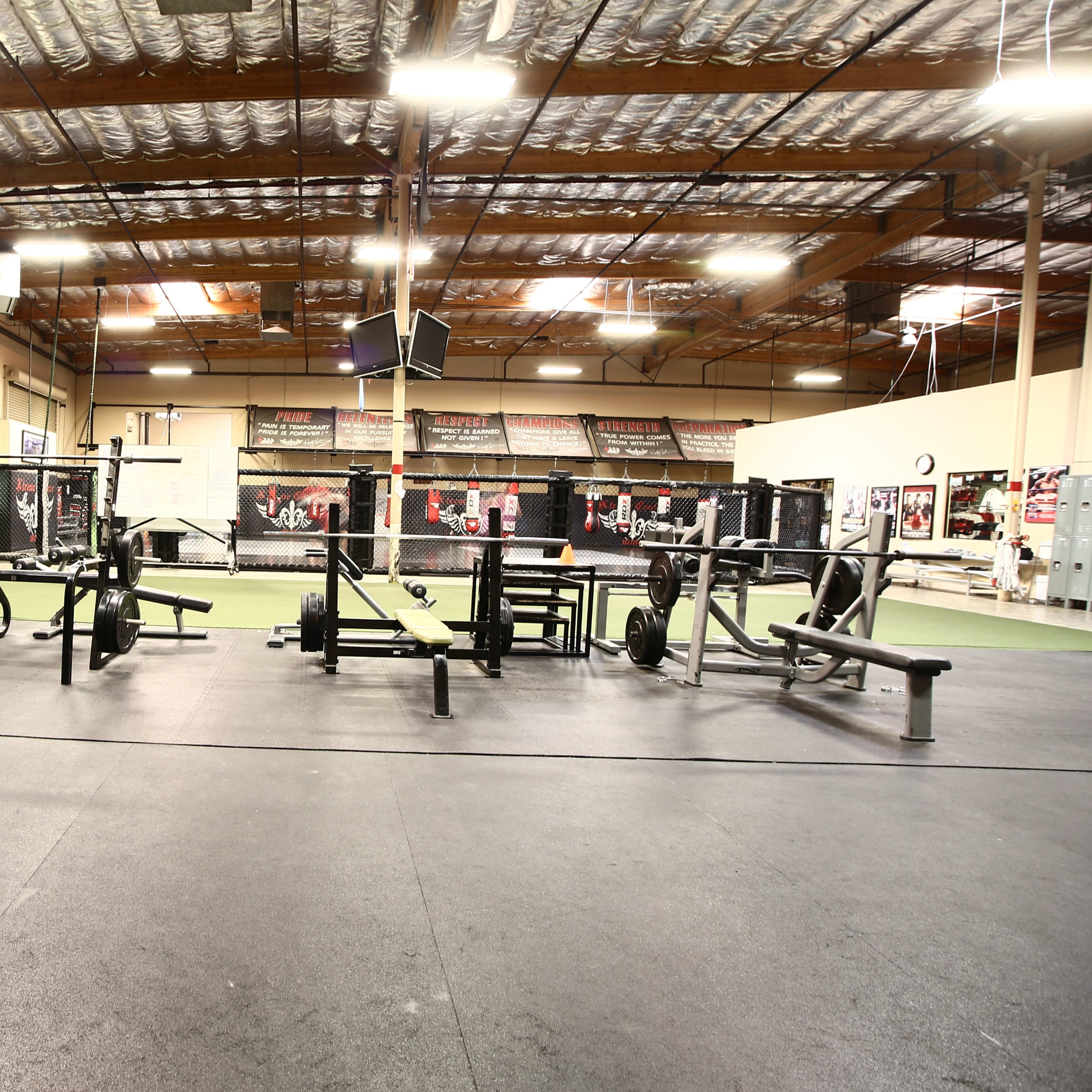 A spacious gym features various weightlifting equipment, including benches, barbells, and sleds, arranged on a rubberized floor.