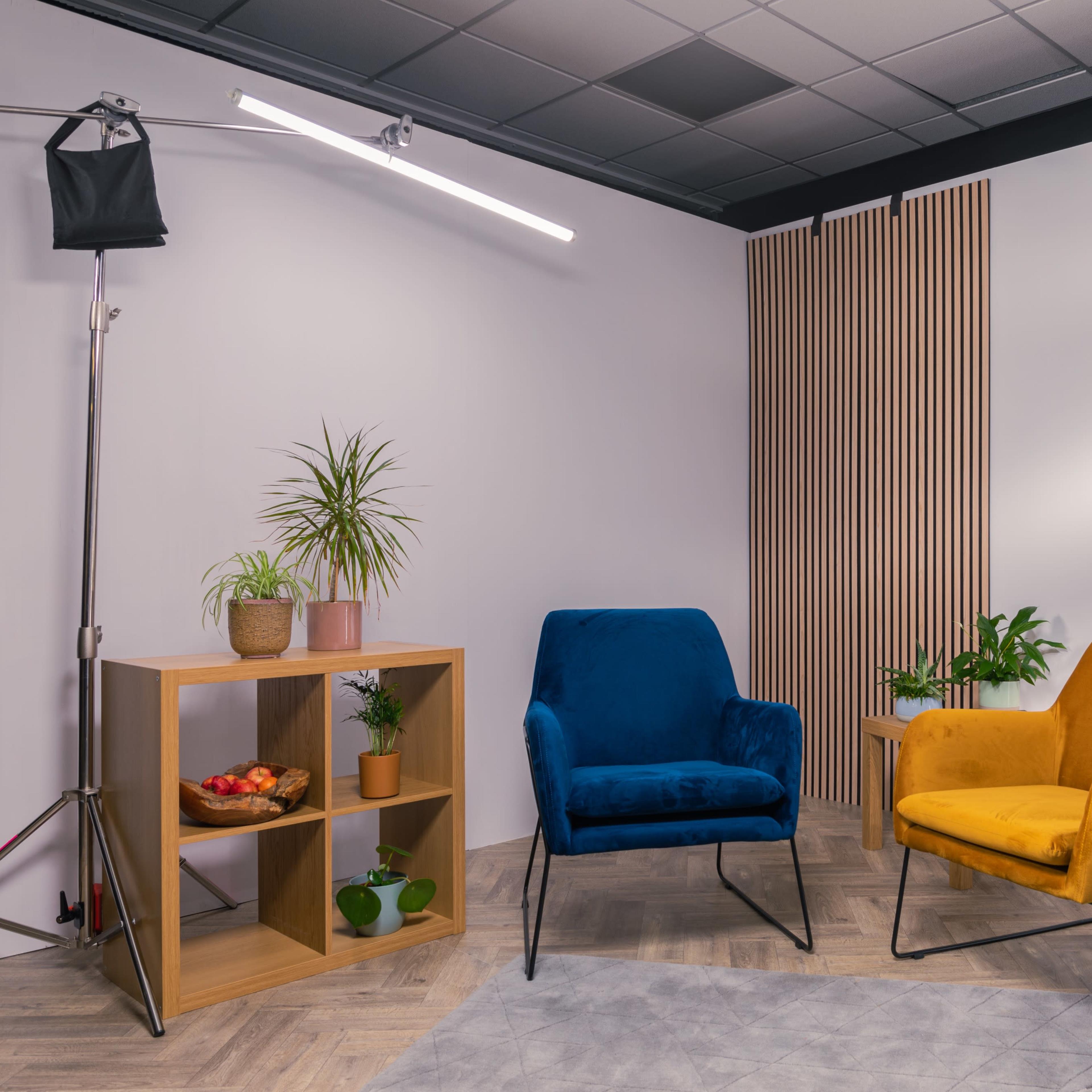 A modern interior with two chairs, one blue and one yellow, facing each other in a minimalist setting with a plant and a wooden shelf containing potted plants and fruit.