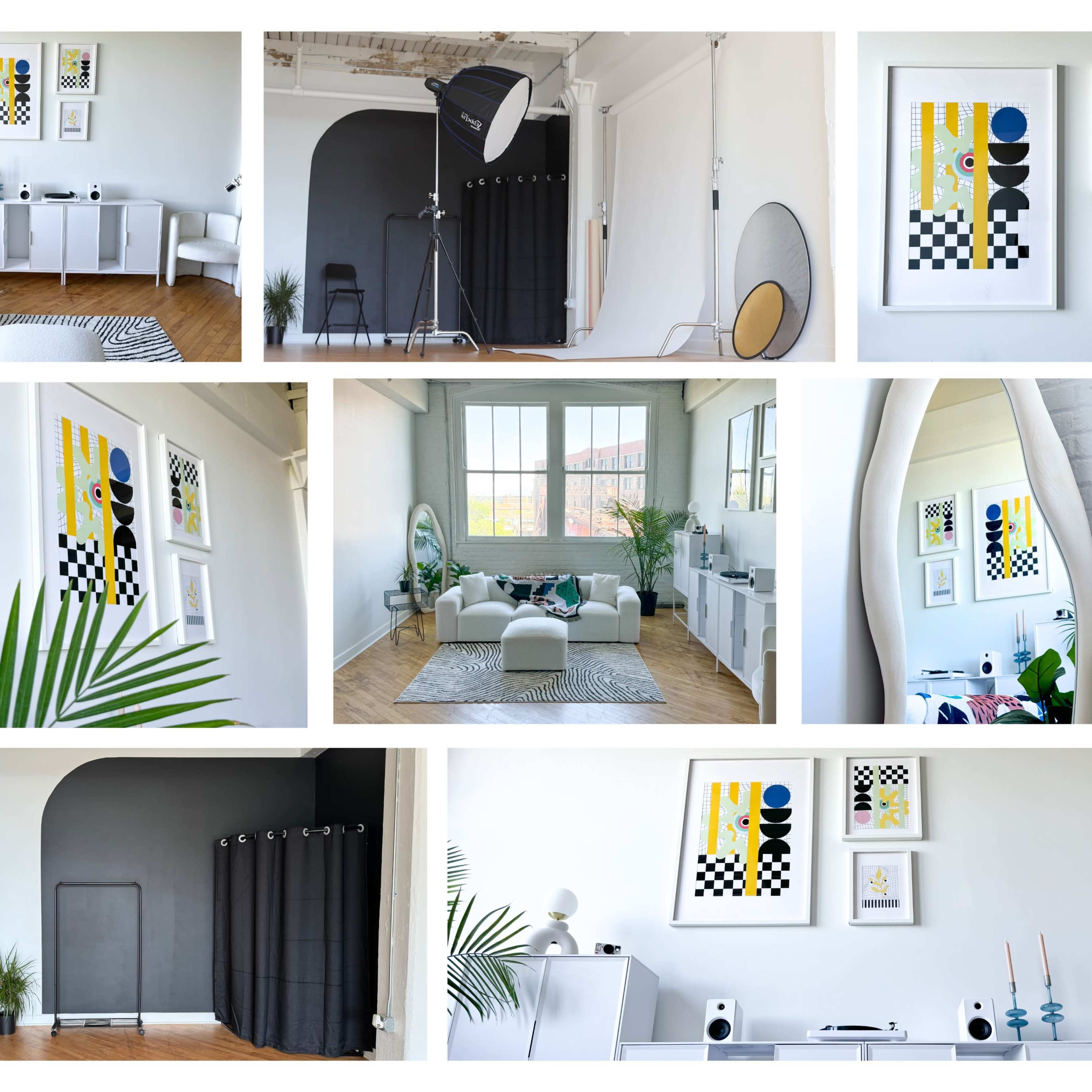 A modern interior space featuring a mix of artwork, plants, and stylish furniture in a well-lit setting.