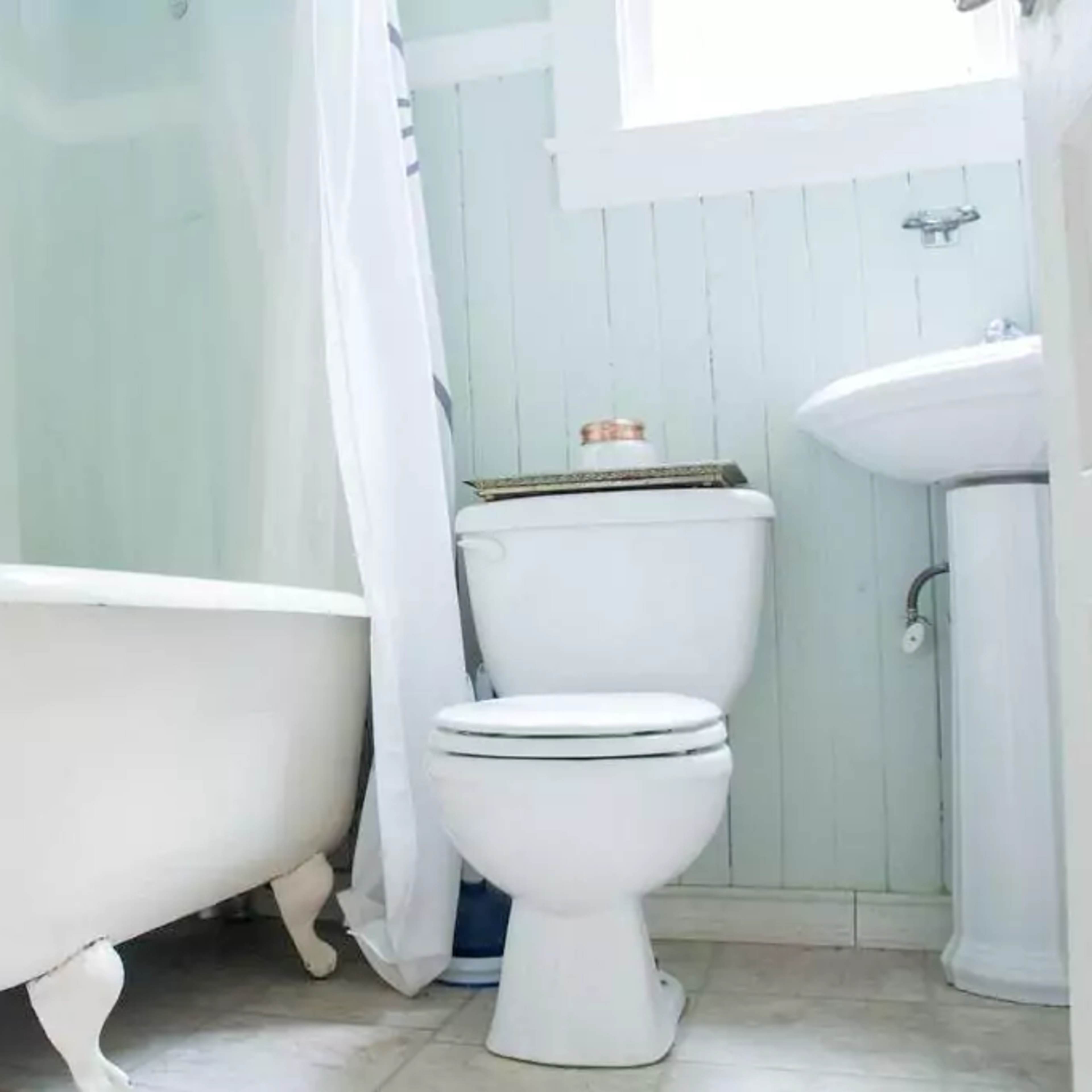 A white bathtub is positioned next to a toilet in a light-colored bathroom with pale green walls.