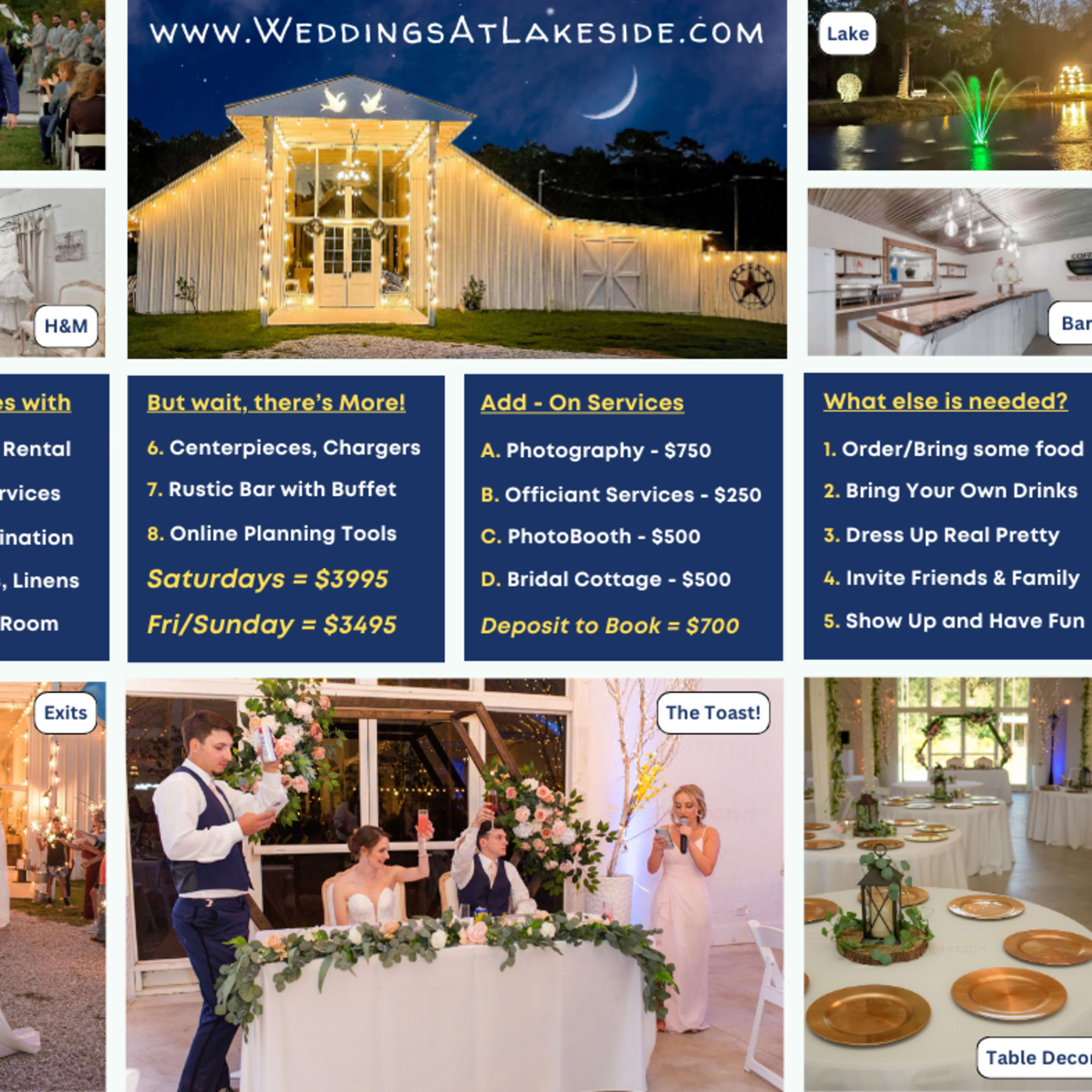 A wedding venue offering various rental services, along with pricing details for packages and additional services, set against a scenic lakeside backdrop.