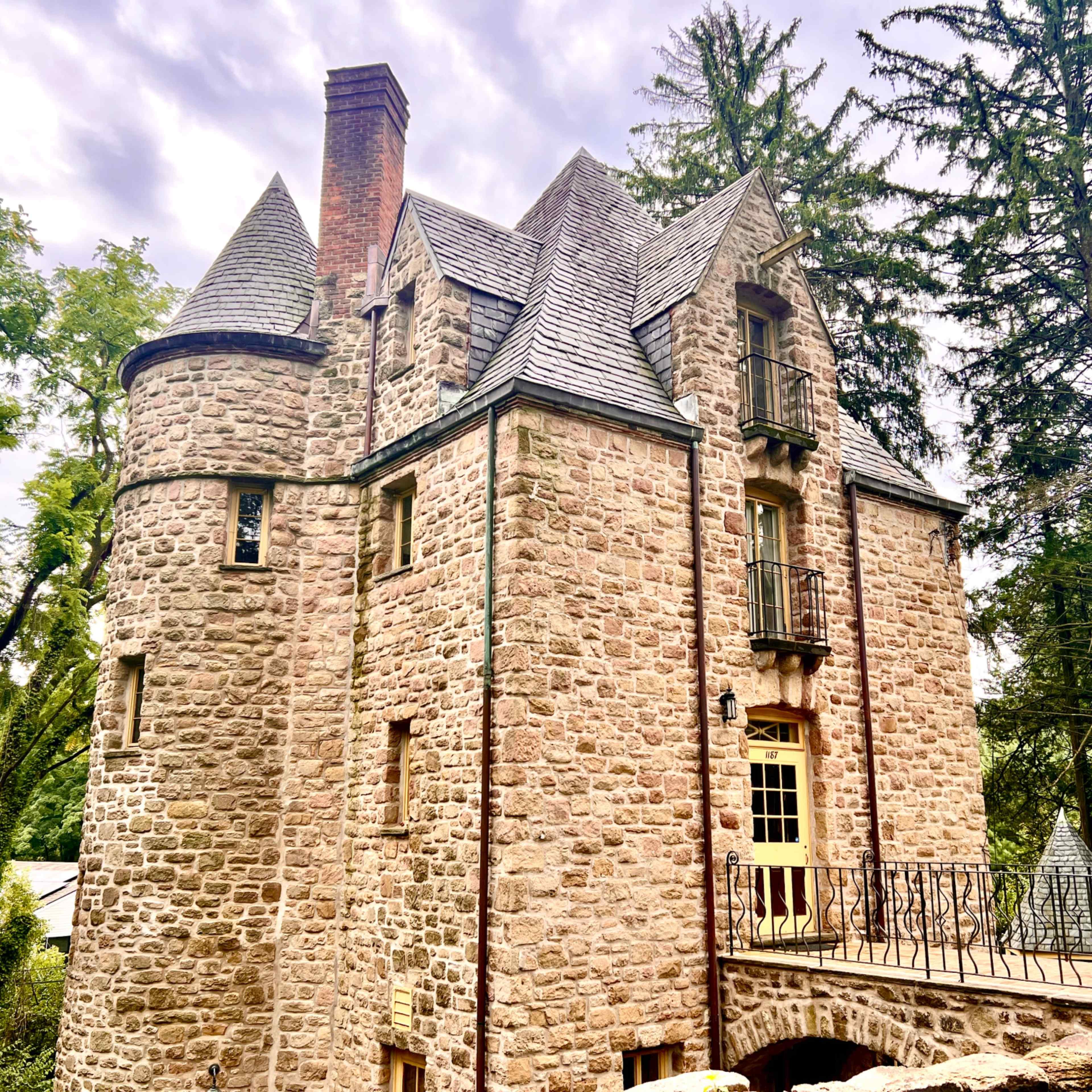 A stone castle with a tower and multiple gabled roofs is surrounded by tall trees.