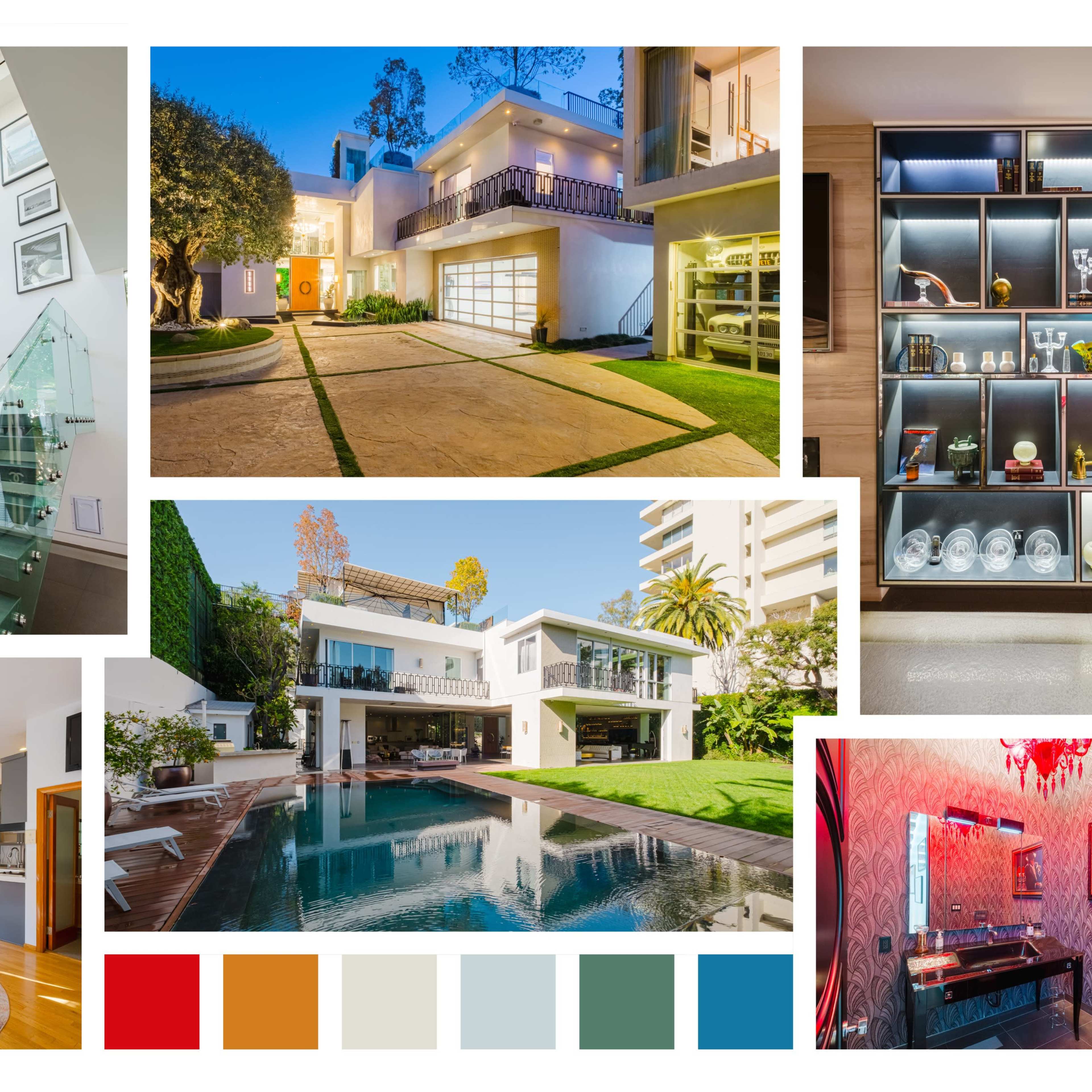 A collage of various interior and exterior shots of a modern house, showcasing elements like a glass staircase, a landscaped front yard, a swimming pool, and stylish interior displays.