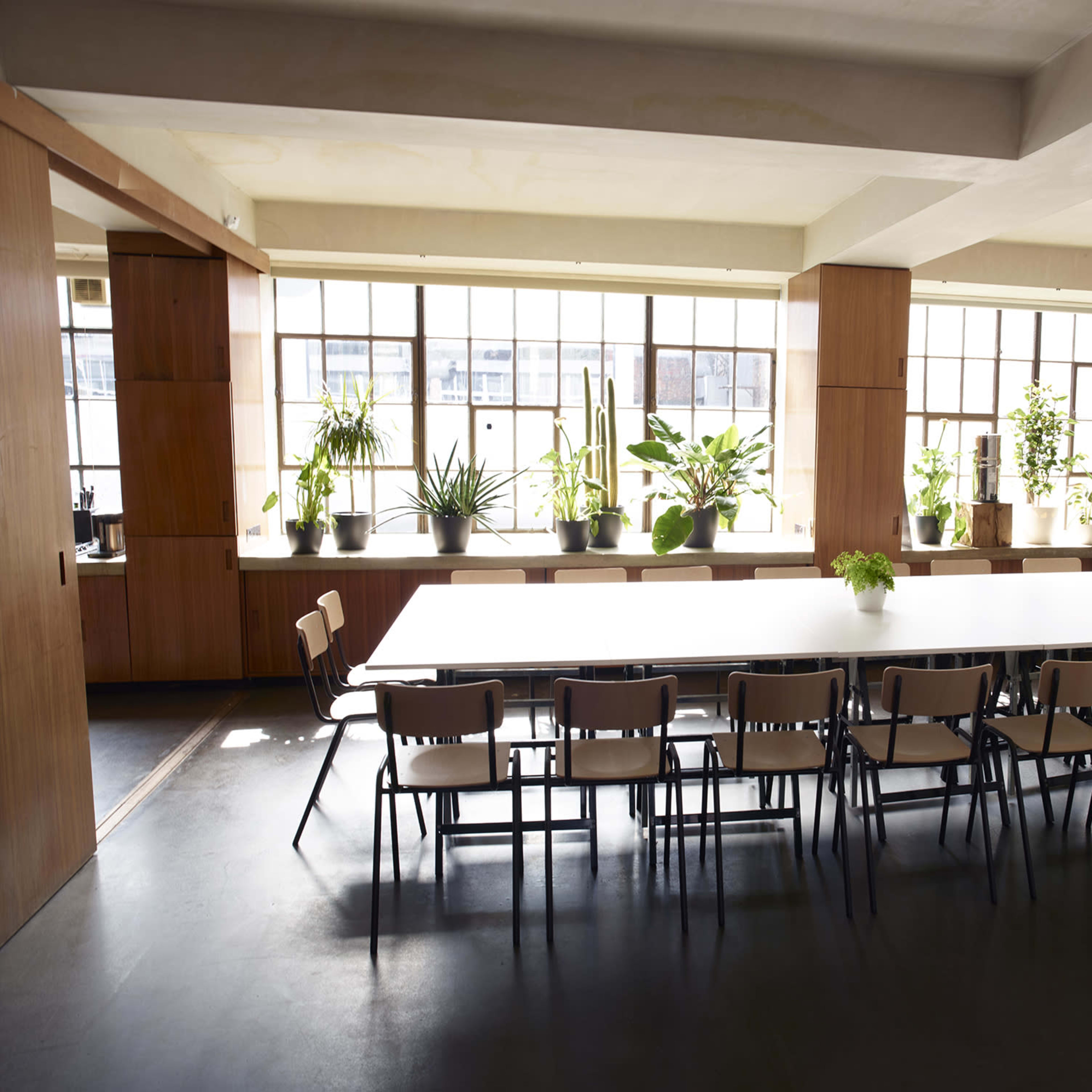 A long table with chairs is set in a well-lit conference room, featuring large windows lined with potted plants.