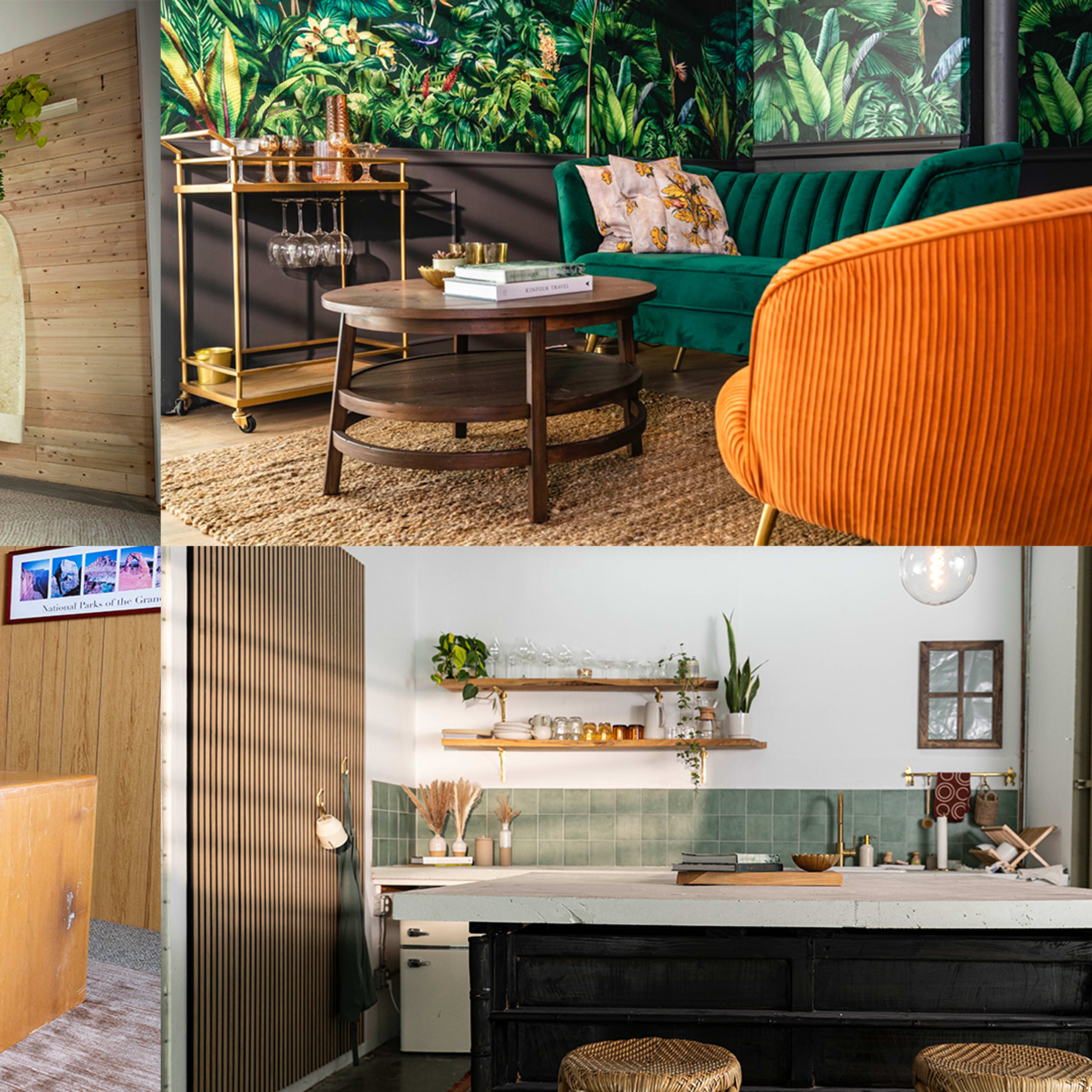Four distinct interior spaces: a minimalistic photo studio, a vibrant lounge area with green decor, a retro-style office with wooden furniture, and a modern kitchen with open shelving.