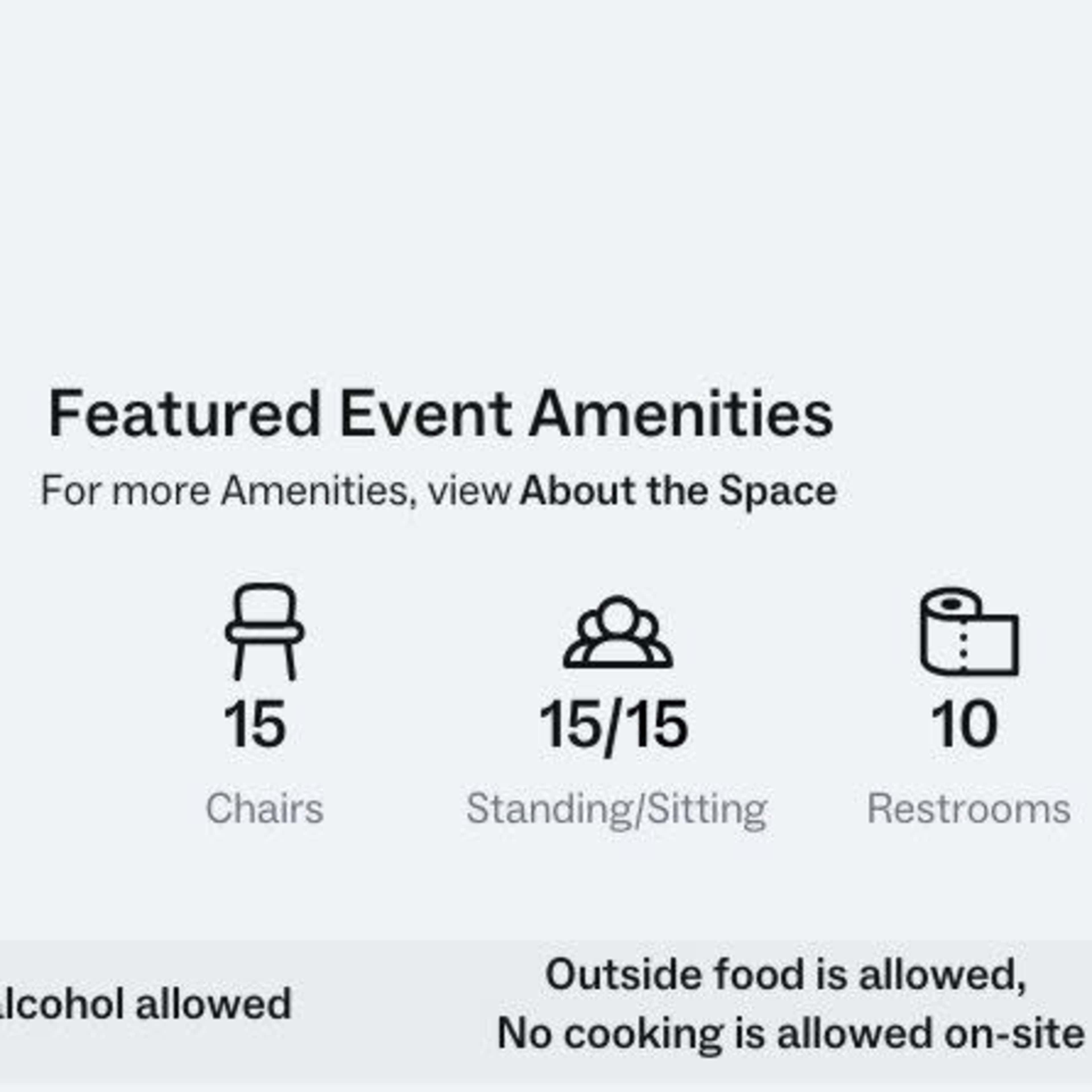 Information about event amenities, including the number of tables, chairs, standing/sitting capacity, and restrooms available.