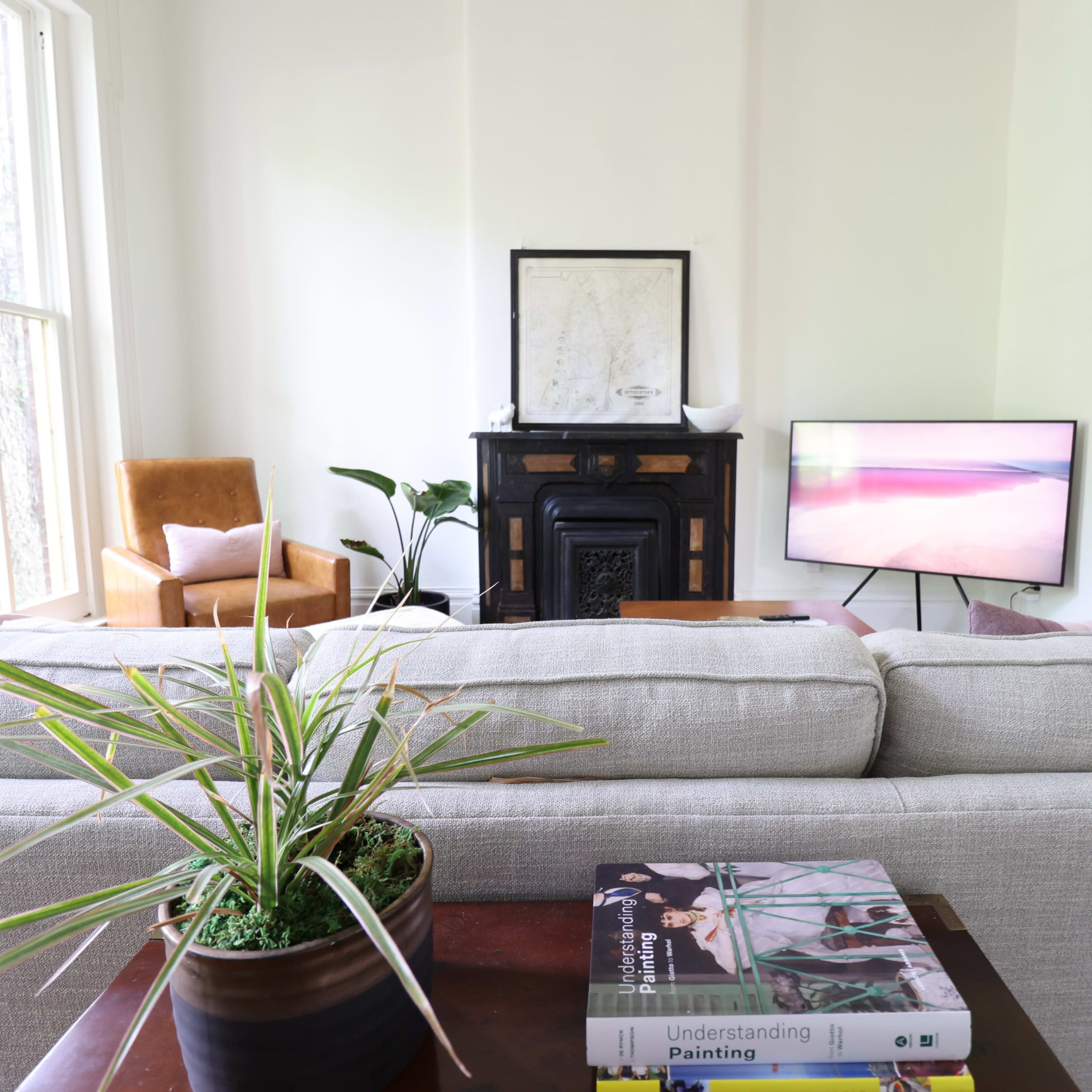 A light-filled living room features a gray sofa, a decorative plant, a wooden coffee table with books, and a television across from an armchair and fireplace.