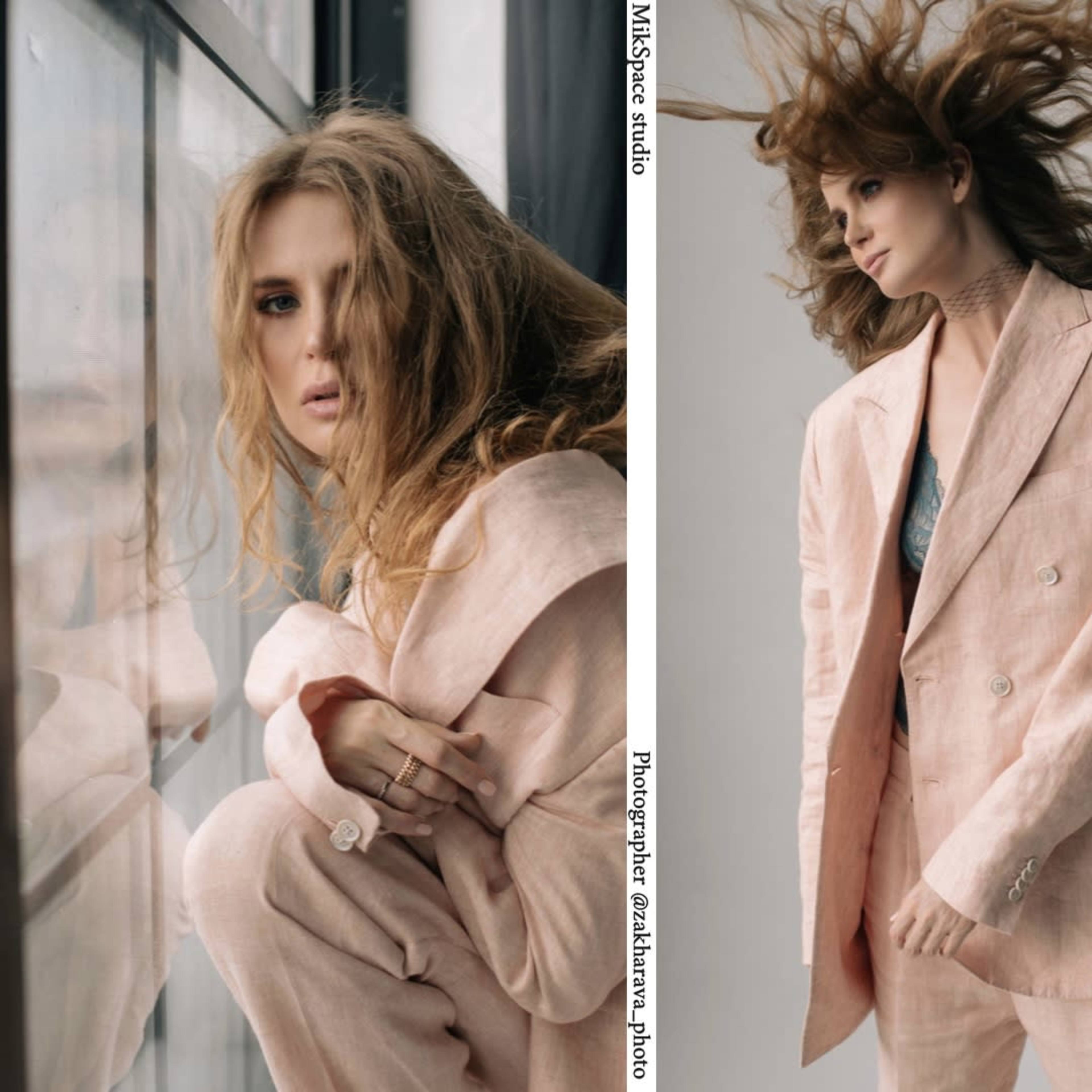 A model in a light-colored suit poses in various dynamic positions against a minimalist background.