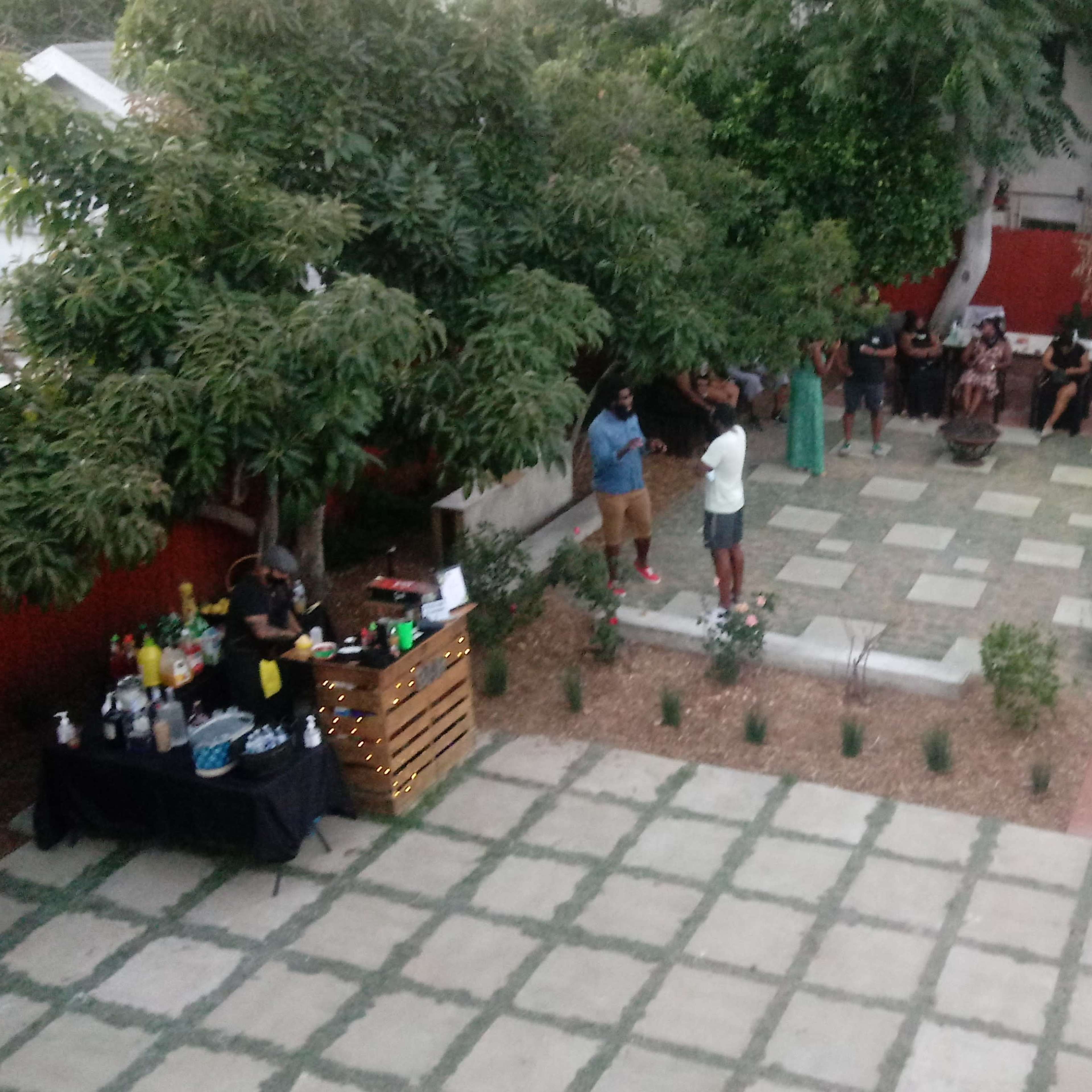 A group of people gathers in a backyard with a bar setup, seating, and greenery.