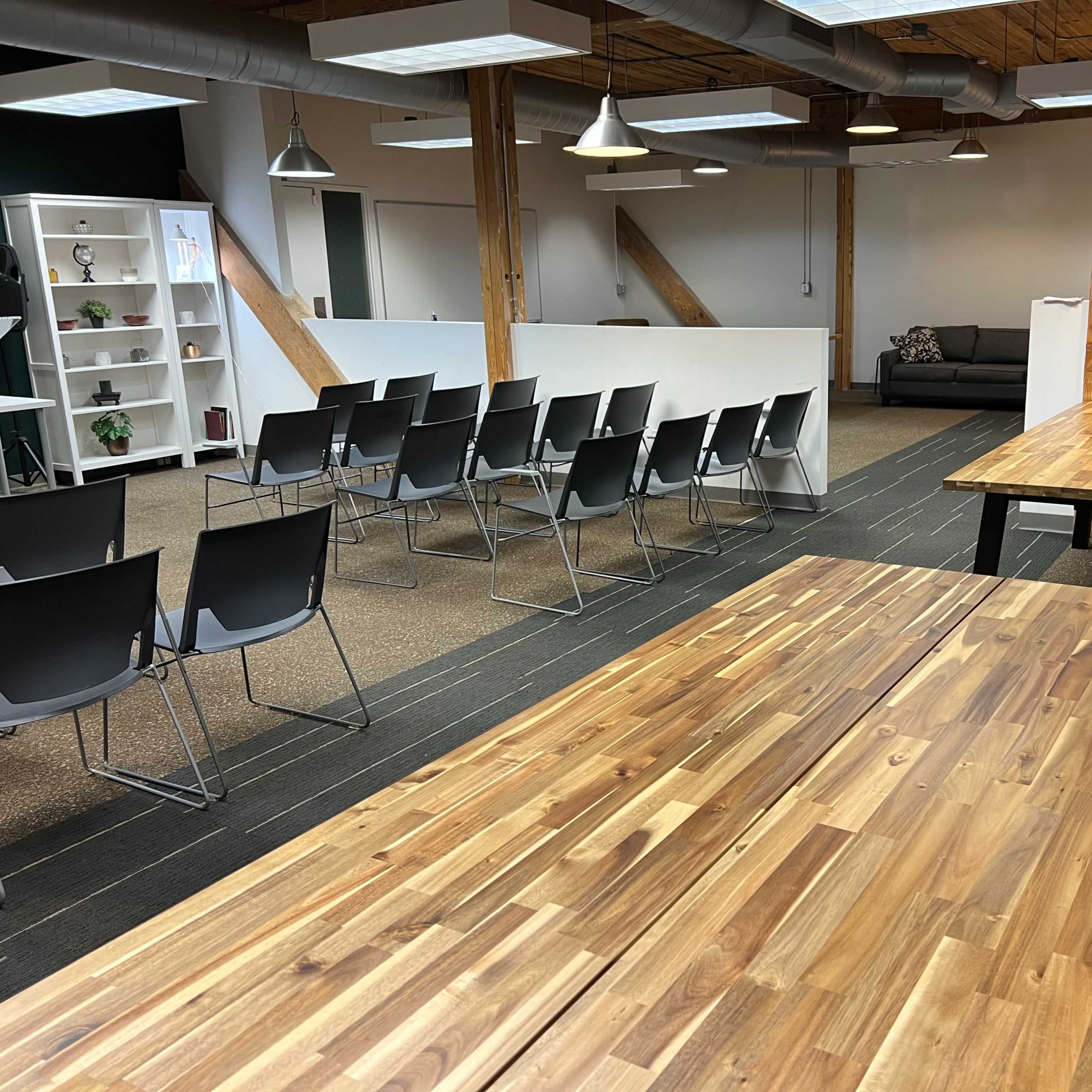 Exposed Wood Beam High Ceiling Open Office Space in Downtown w/ view of Space Needle Image in Belltown, Seattle, WA