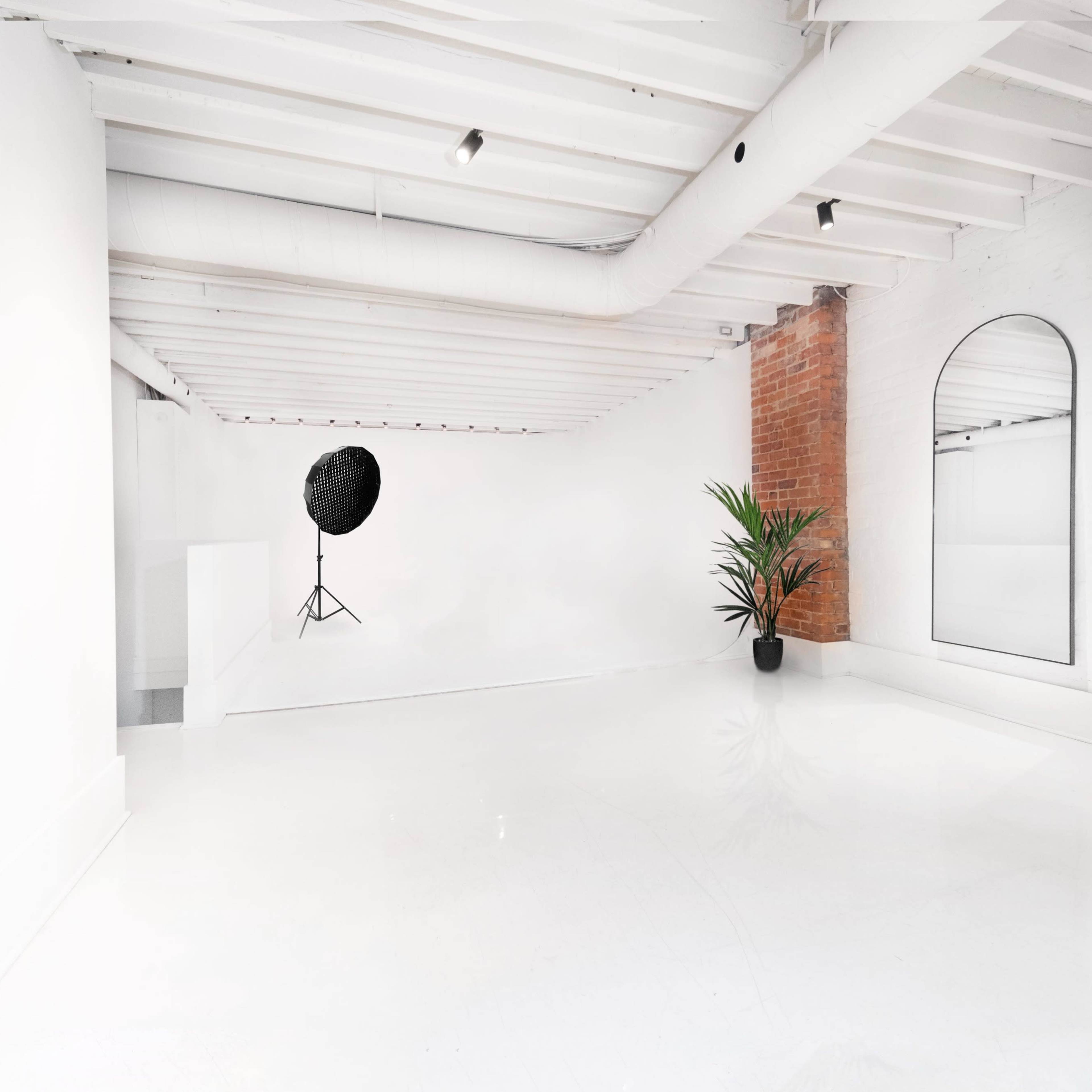 A minimalistic white room with a smooth floor, exposed beams, a large mirror, a black plant pot, and a lighting stand in the corner.